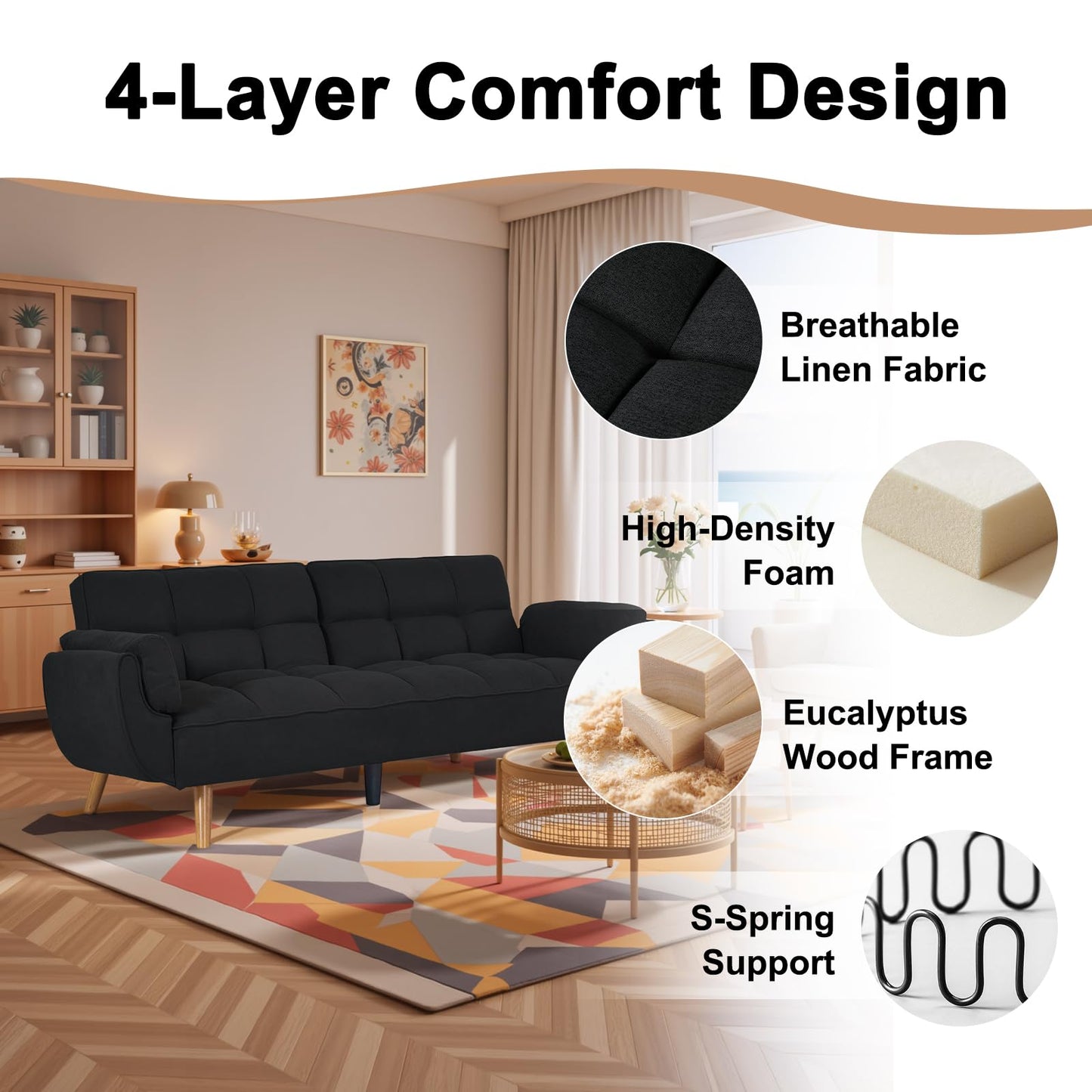 Modauiysa 73.9" Linen Futon Sofa Bed, Convertible Futon Couch Bed, Comfy Love Seat Sleeper with Adjustable Backrest, Small Couches for Small Spaces, Living Room,Bedroom and Office (Black)