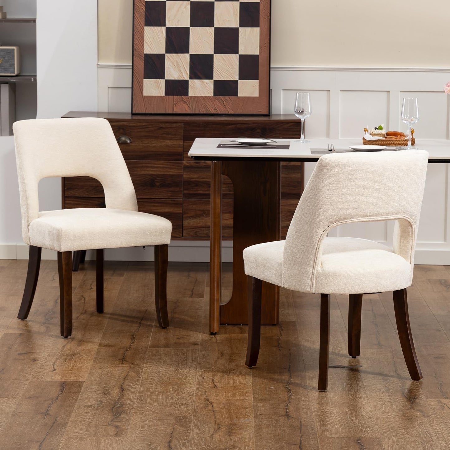 UVV Wooden Dining Chairs Set of 4, Modern Fabric Upholstered Kitchen and Dining Room Chairs, Farmhouse Dining Chair with Solid Wood Legs, Beige