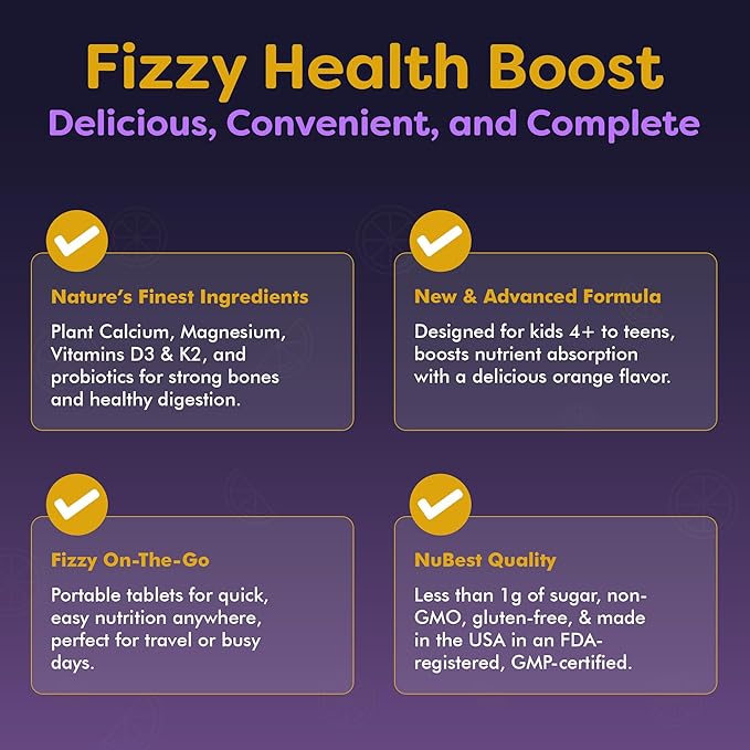 NuBest Tall Fizzy - Bone Strength, Immunity, Digestive Health for Kids & Teens | Probiotic, Calcium, Magnesium from Red Marine Algae, Vitamin D3, K2 & Zinc | 10 Orange Effervescent Tablets - Ages 4+