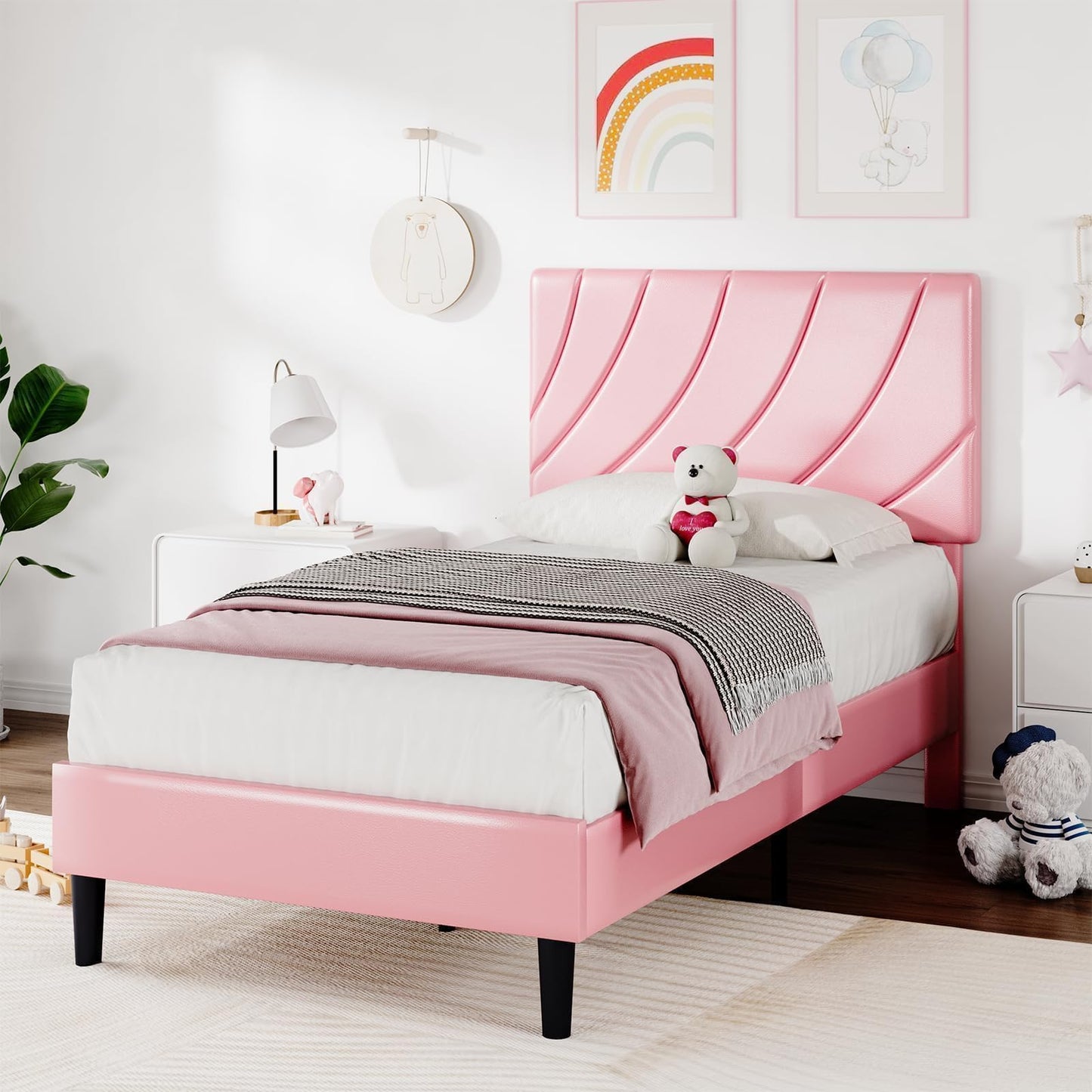 HOMBCK Bed Frames Twin, Girls Twin Bed Frame with Headboard, Upholstered Platform Bed, Strong Wooden Slats, No Box Spring Needed, Easy Assembly, Pink