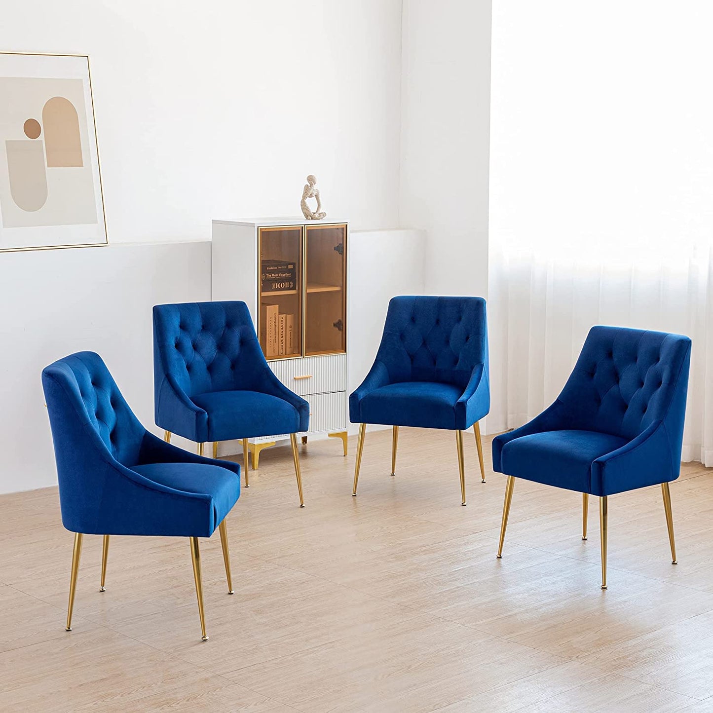 LONXIU Modern Dining Chair Set of 4, Mid-Century Room Chair, Upholstered Comfortable Velvet with Back Pull Rod and Metal Legs for Kitchen, Dining, Living (Blue) (DYXSD)