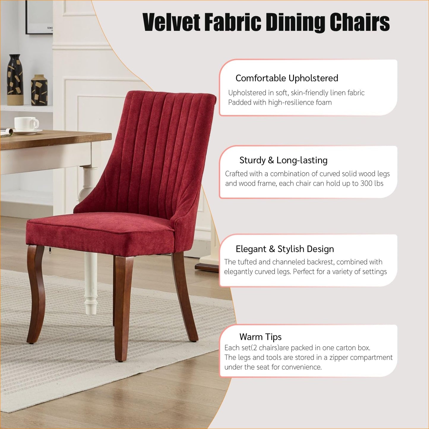 BEIDOR Dining Chairs Set of 6,Comfy Fabric Upholstered Accent Chairs for Kitchen Living Room,Channel Tufted Dining Room Chairs with Curved Solid Wood Legs(Wine Red)