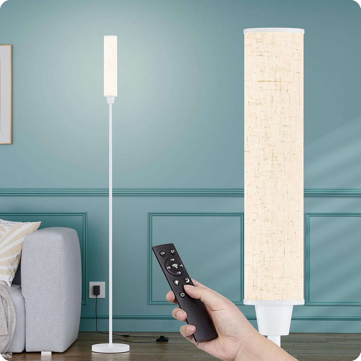 Nukanu Floor Lamp with Remote Control,Black,Linen lampshade