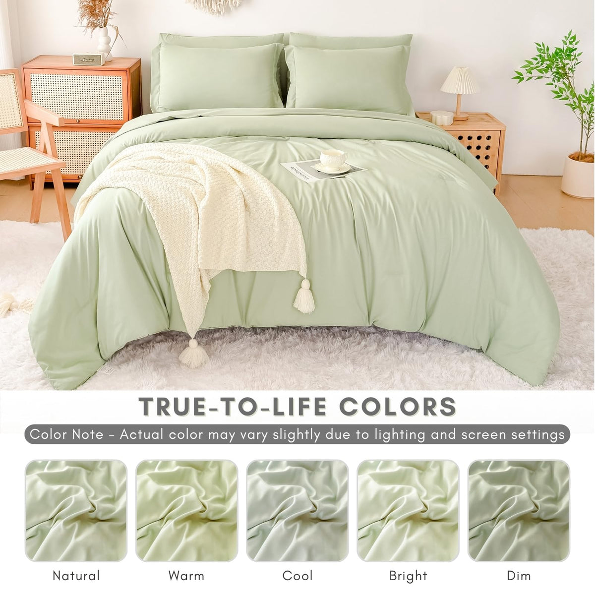 FMLIUY Sage Green Twin Comforter Set - 7-Piece Bed in a Bag, All-Season Soft Bedding with Sheets & Pillowcases (68"x88",Twin,Beige)