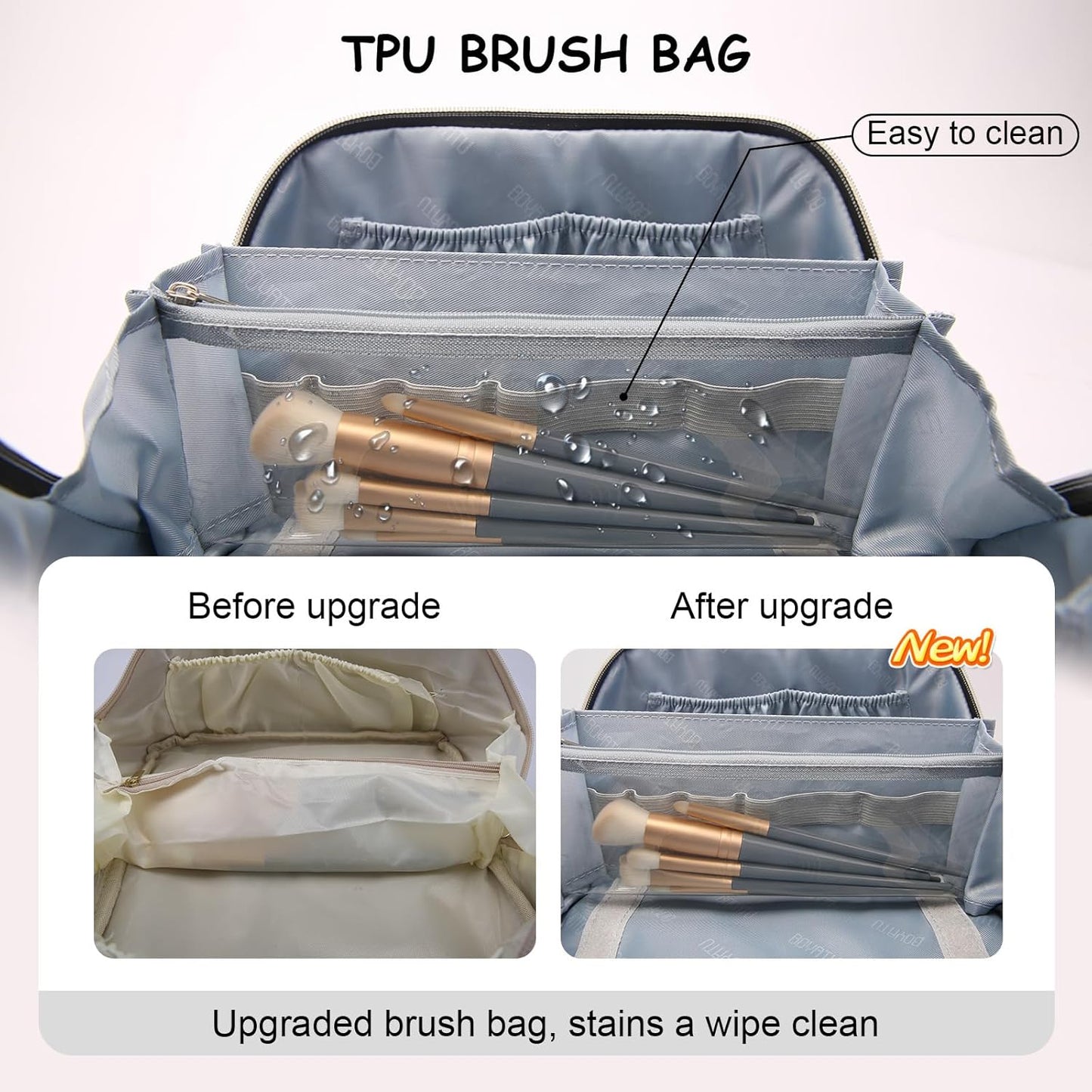 BOYATU Travel Makeup Bags Cosmetic Organizer Bag: 3-Set Large Capacity Make up Bag - PU Leather Toiletry Bags for Women - Wide Open Portable Pouch with Divider & Handle (02-White)