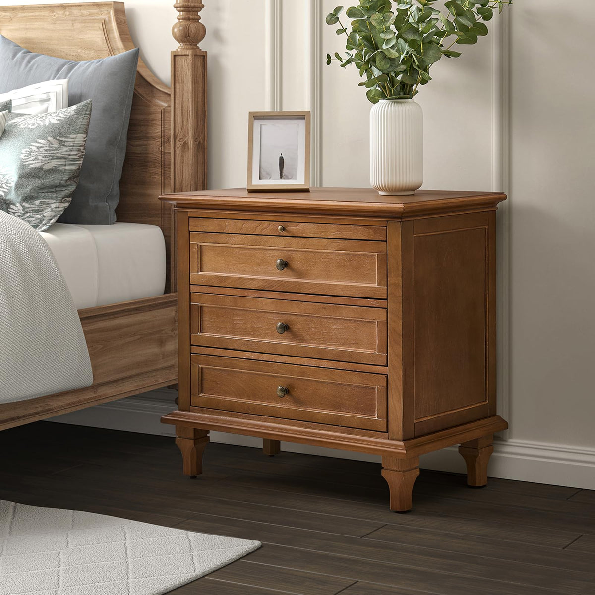 HULALA HOME Farmhouse 3 Drawer Nightstand with Tray, Drawer Organizer with Solid Wood Legs, Nightstand with Charging Station,Acorn