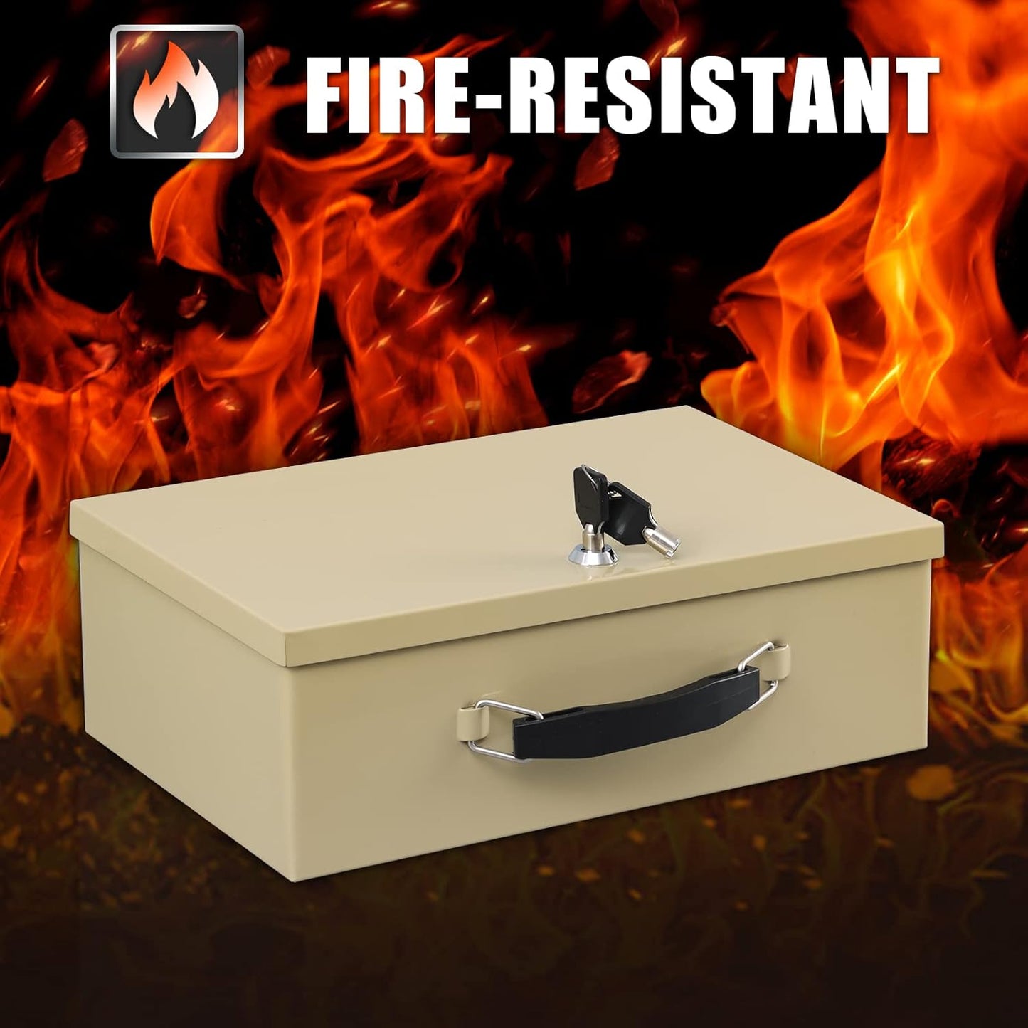 xydled Fire Resistant Safe Fire Safe Box with Key Lock for Home Office Security Storage for Valuables Documents,12.8 x 8.5 x 4.5 Inch,Sand