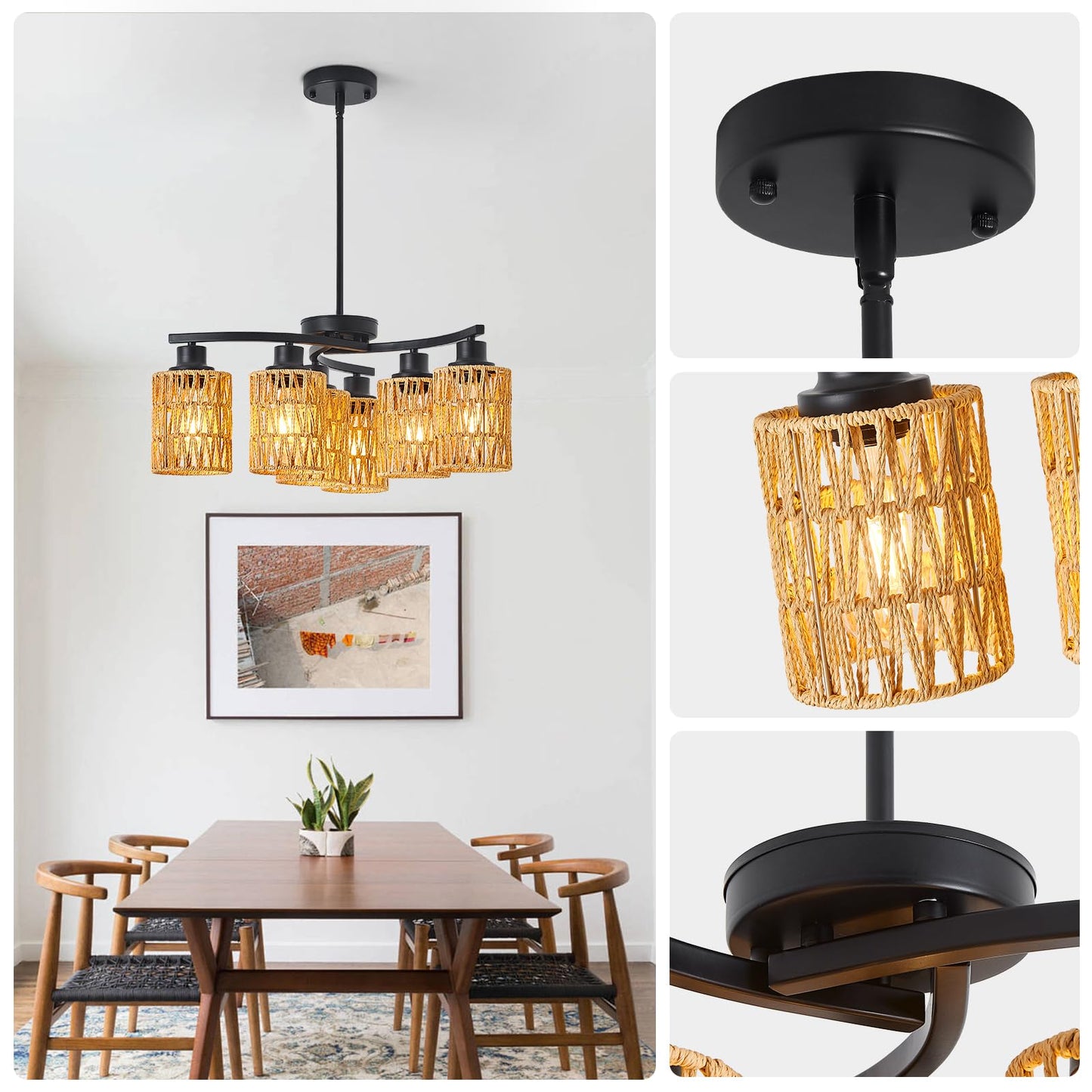 AIBISOD 6-Light Black Chandelier, 6-Light Farmhouse Boho Rattan Chandelier Dining Room Light Fixtures Over Table, Hand-Woven Wicker Shade, Adjustable Height for Dining Room Kitchen Island, E26 Base