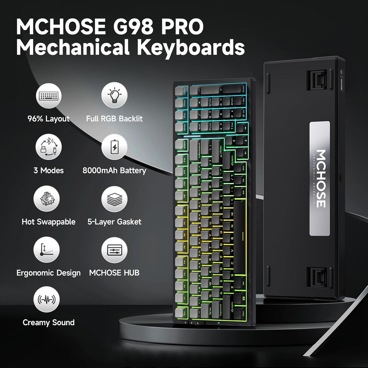 MCHOSE G98 PRO Wireless Mechanical Keyboard, Tri-Mode Connection Gaming Keyboard, Hot Swappable Custom Gasket Structure Pre-lubed Linear Switches Double Shot PBT Keycaps RGB LED Backlit Gradient Black
