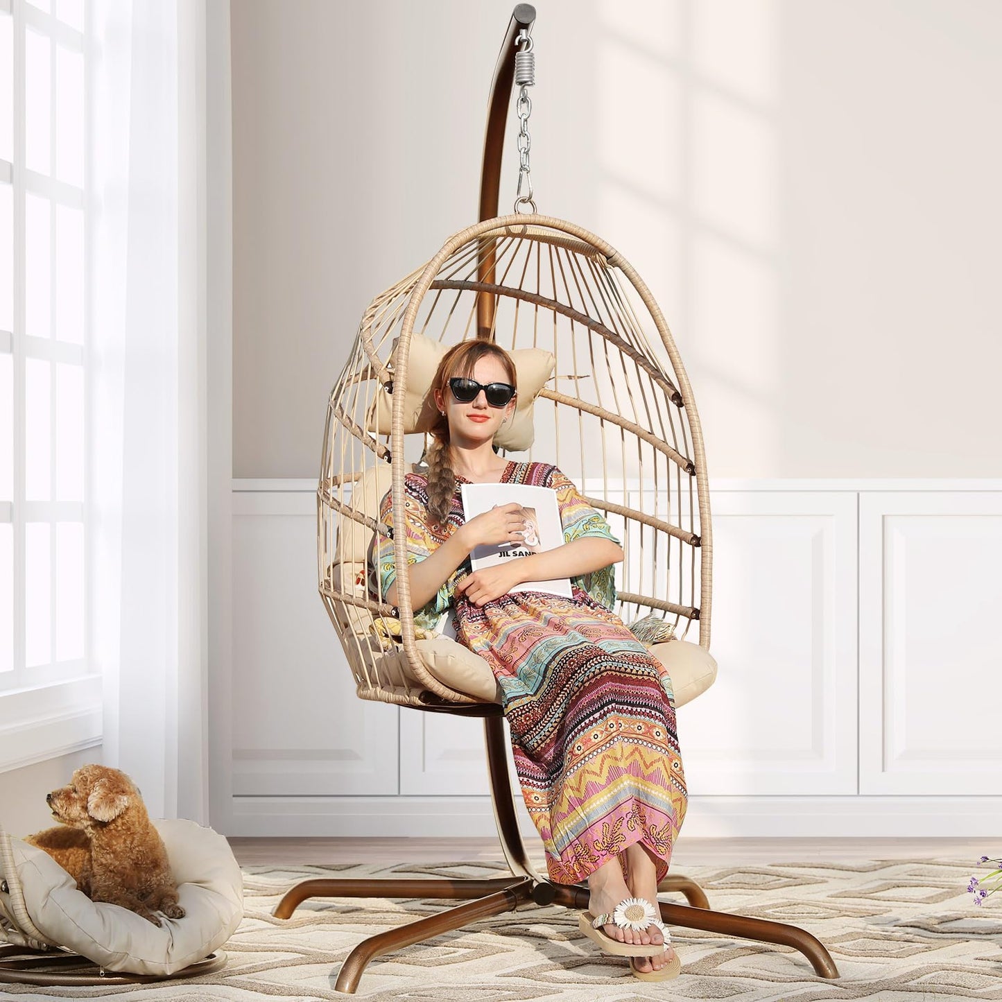 NICESOUL Hanging Egg Chair with Stand Indoor Outdoor, Comfy Patio Rattan Swing Hammock Chairs with Cushion, 350lbs Capacity Egg Shaped Chair for Lawn Backyard Balcony Bedroom, Birthday Gift, Beige