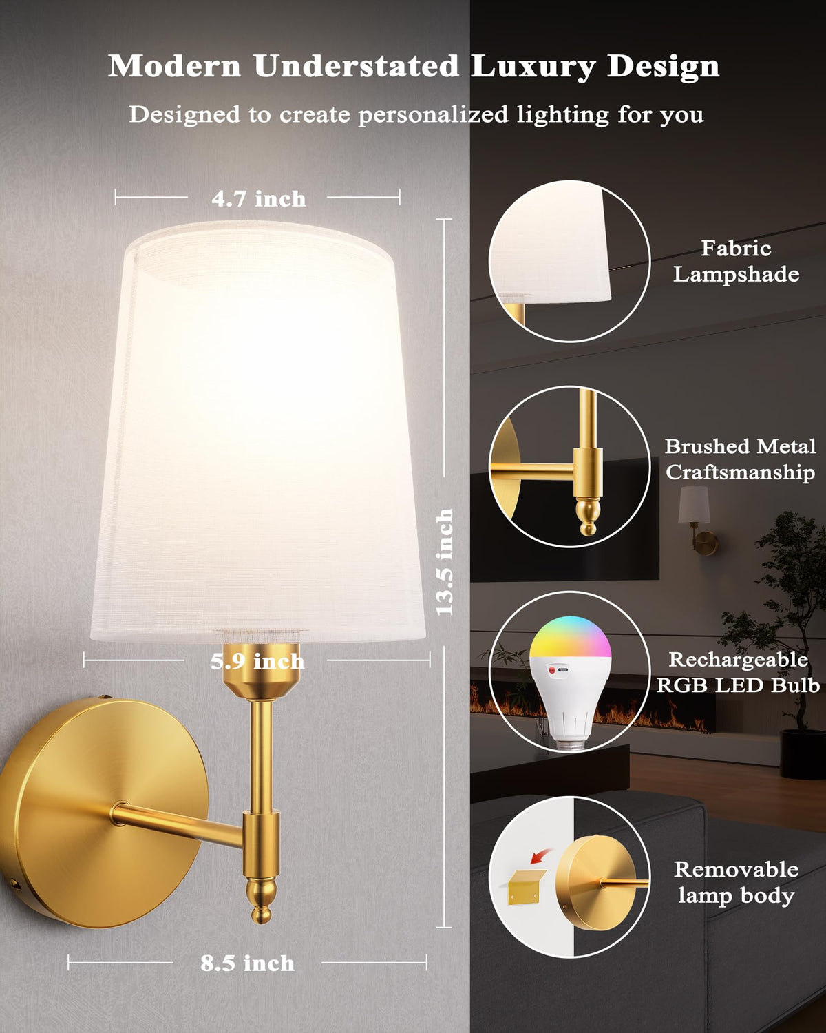 Ouyulong Battery Operated Wall Sconces Set of 2, Wireless Rechargeable Dimmable Wall Light with 5600mAh RGB Bulb and Remote for Bedroom, Living Room, Hallway (Gold)