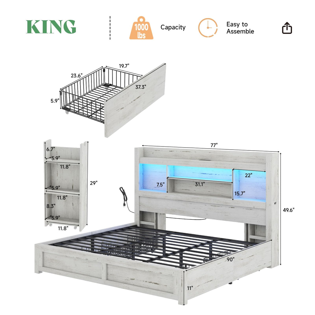 AMERLIFE King Bed Frame with 4 Storage Drawers, LED Bed Frame with 49.6" Tall Bookcase Headboard, Wood Platform Bed with 2 Slide Bedside Shelf & Charging Station, No Box Spring Needed/Distressed White