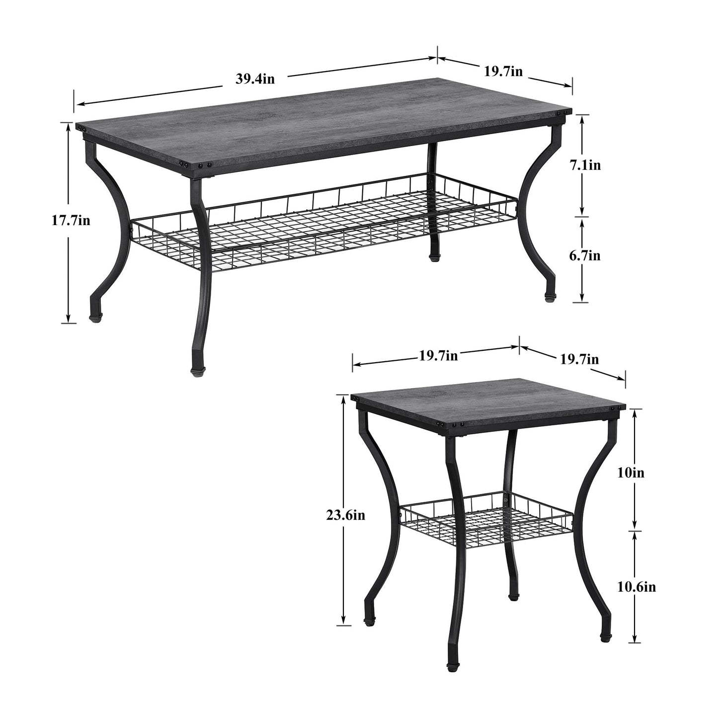 VECELO 3 Pieces Living Room Table Sets, Coffee and End Tables with Open Storage Shelves for Apartment, Home Office, Small Space, Easy Assembly, Dark Grey