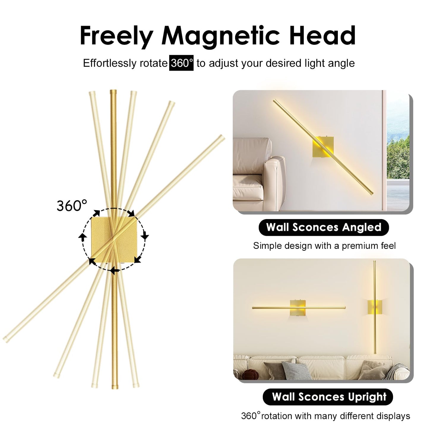 LED Wireless Wall Sconce with Remote Control (Set of Two), USB Rechargeable Battery Powered Indoor Wall Lamps, Dimmable, 360° Rotate,Timing, 28.3 inch Gold Wall Lights for Hallway/Living Room/Bedroom