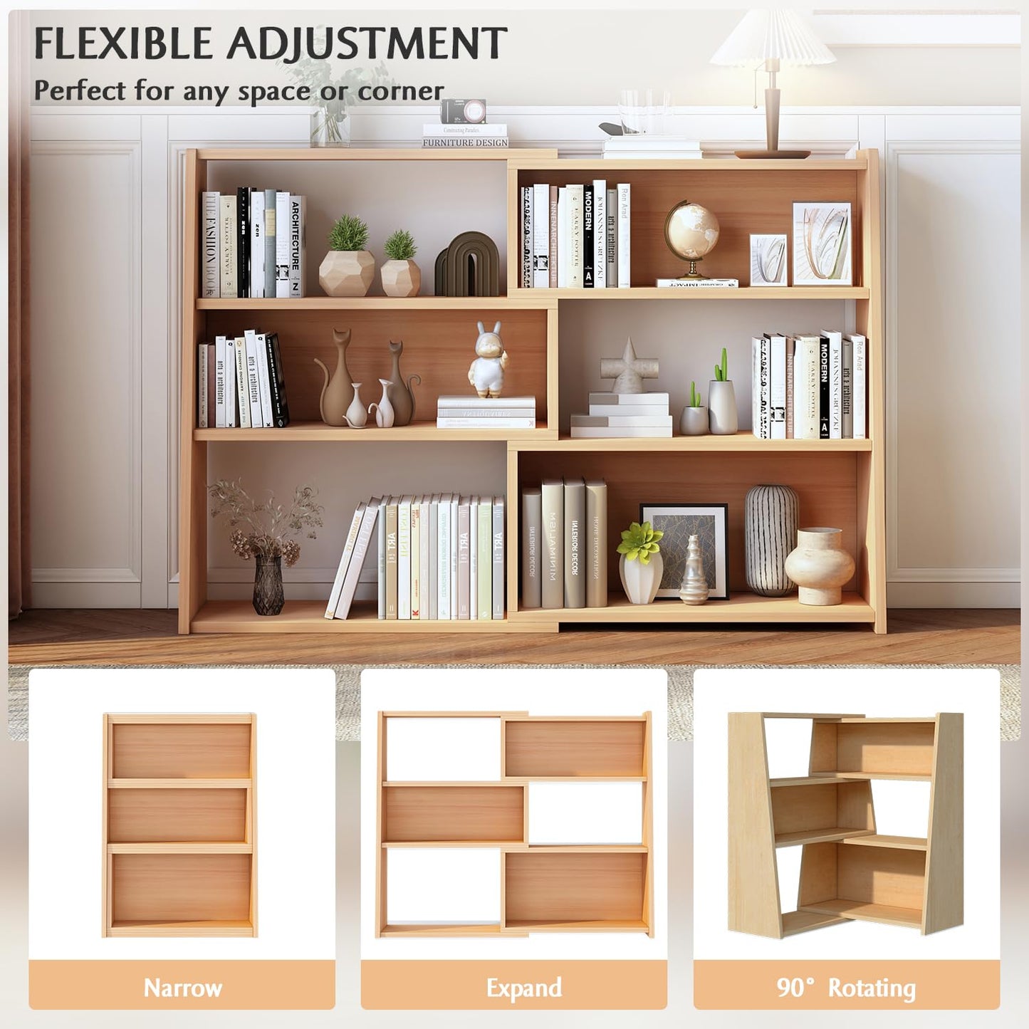 IOTXY Wooden Extendable Shelf Bookcase - 3-Tier Ladder Low Short Bookshelf for Small Space or Corner, Oak, L