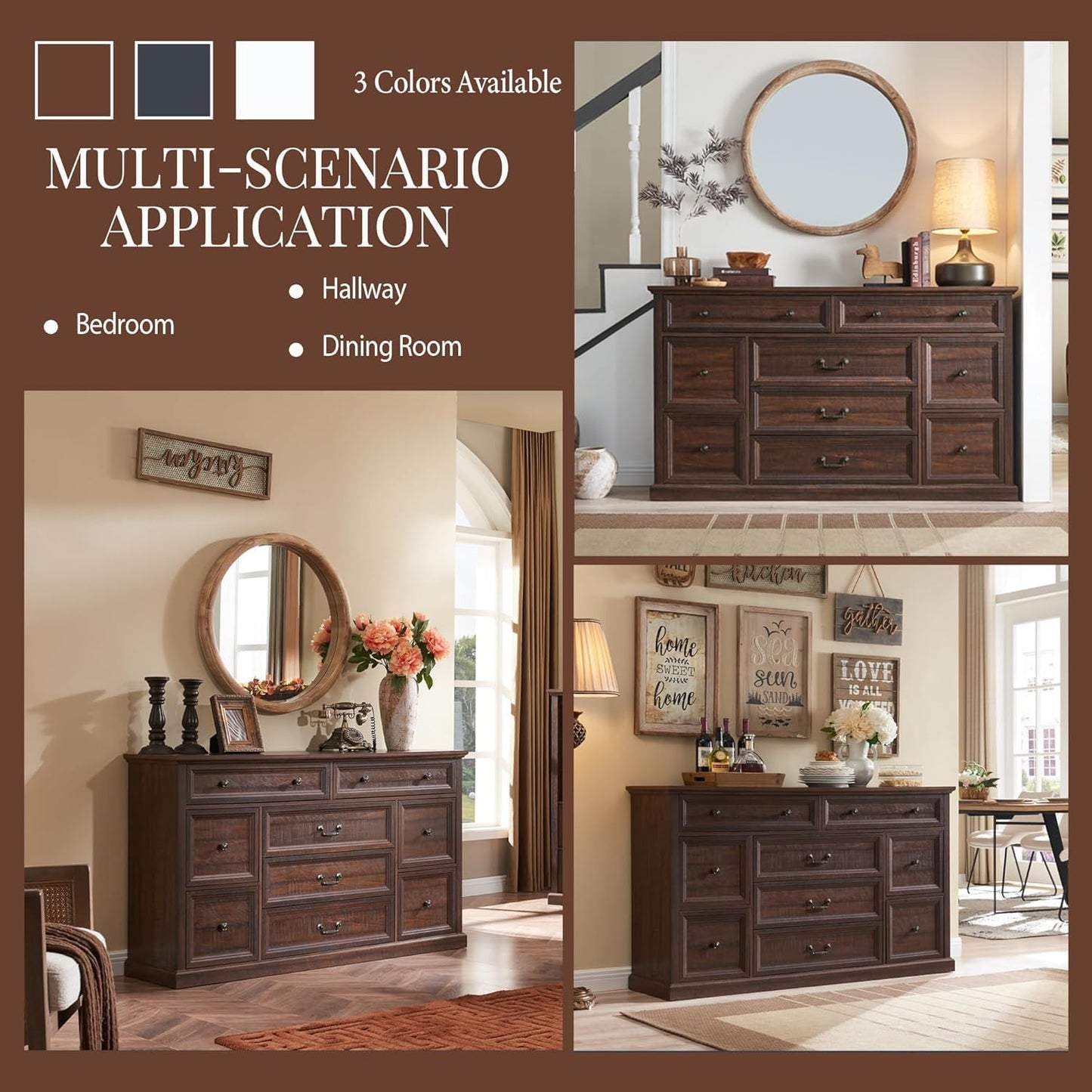 IFGET Farmhouse 9 Drawers Dresser for Bedroom, 60" Wide Wood Rustic Chest of Drawers, Large Storage Dressers Organizer for Bedroom, Living Room, Hallway, Dining Room-Brown