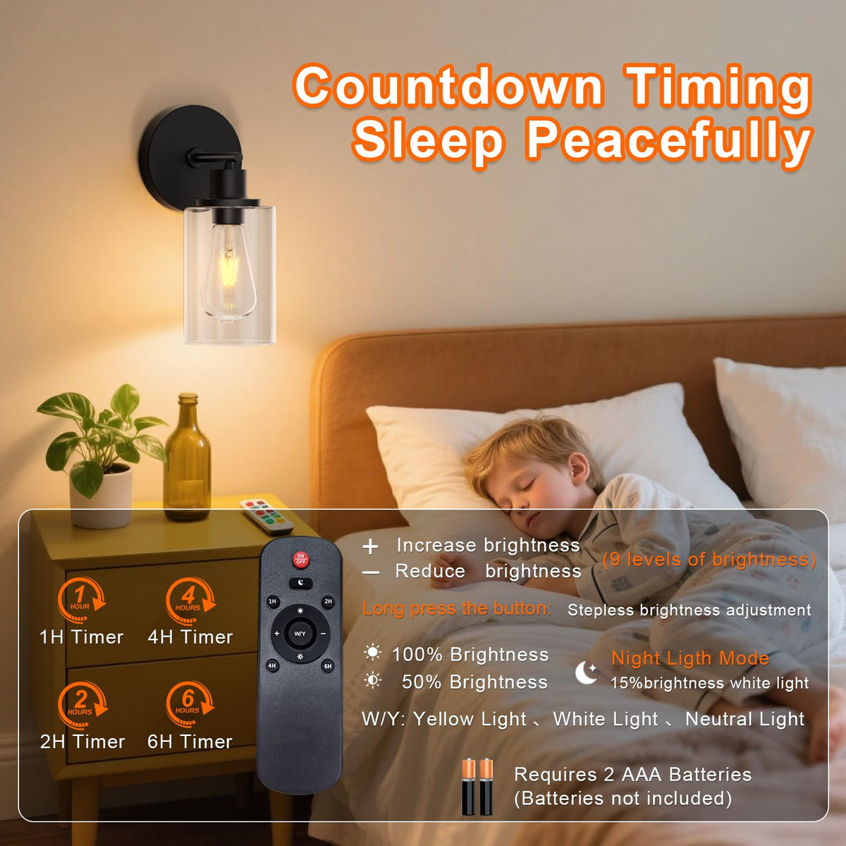 Battery Operated Wall Sconce Set of 2, Rechargeable Wall Sconce Lights with Remote, 3 Color Temperature Dimmable, E26 Edison Bulbs Magnetic Indoor Wireless Wall Lamp for Bedroom Bathroom Hallway-Black
