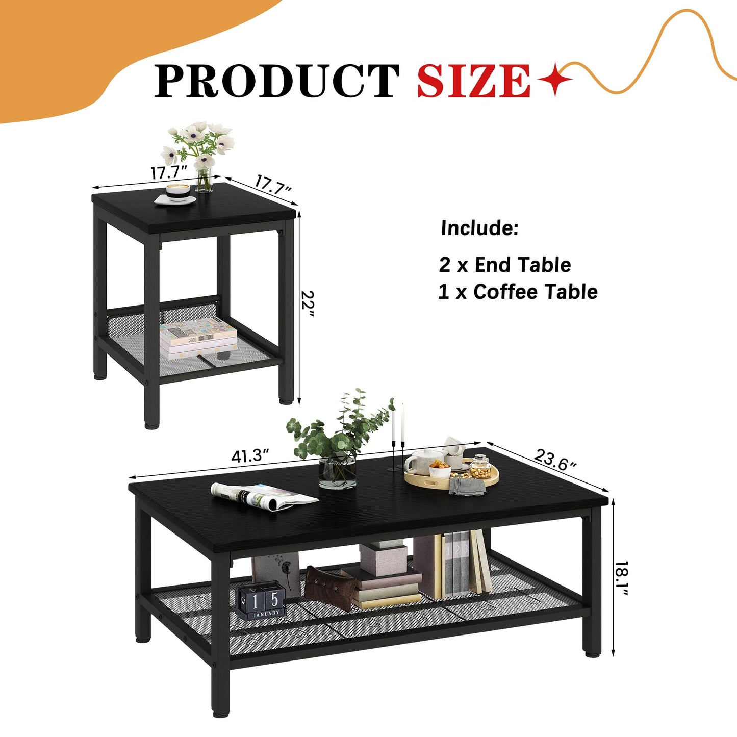 Lamerge 3 Pieces Living Room Table Set, Industrial Coffee Table with 2 Square End Side Tables, Coffee Table Set with Metal Frame for Apartment Home Office, Black