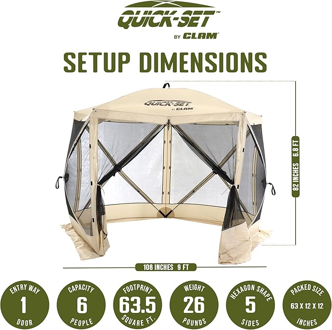 CLAM Quick Set Venture 9 x 9 Ft Portable Outdoor Camping Canopy Shelter, Tan + Clam Quick-Set Screen Hub Tent, Accessory Only, Tan (2 Pack)