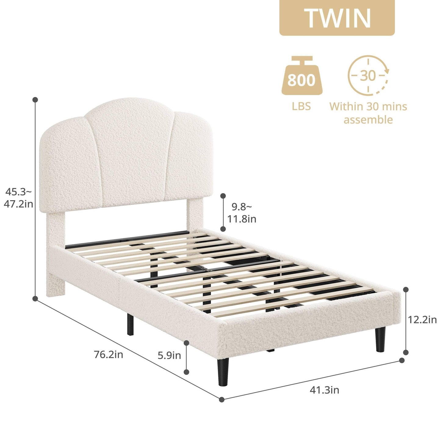 LIKIMIO Twin Size Bed Frame, Upholstered Twin Platform Bed with Headboard Lamb Velvet Twin Beds, No Box Spring Needed with 800LBS Sturdy Wooden Slats Support, Noise Free, Easy Assembly, White