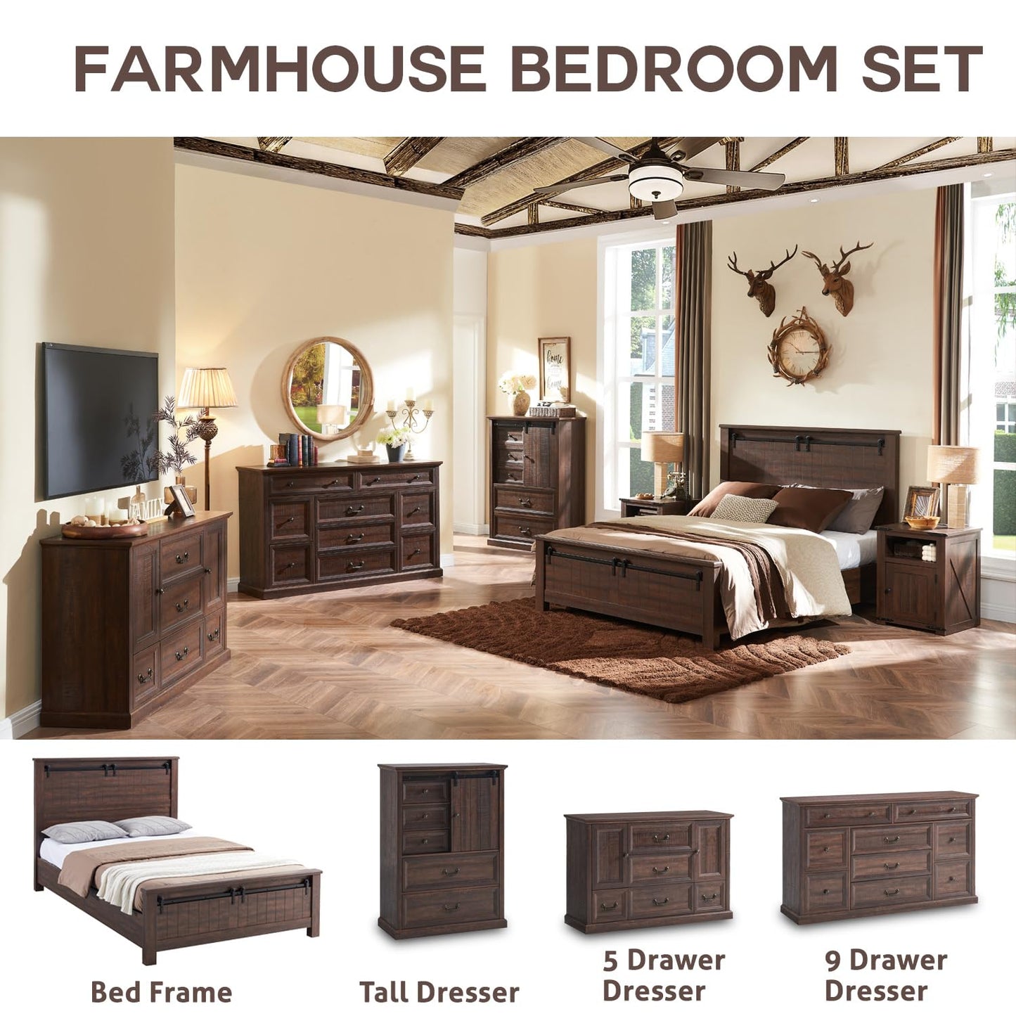 IFGET Farmhouse King Size Bed Frame with 47" Headboard, Wood Bed Frame with Groove Sliding Barn Door Footboard, Platform Bed with Wood Slats Support, No Box Spring Needed (Brown)