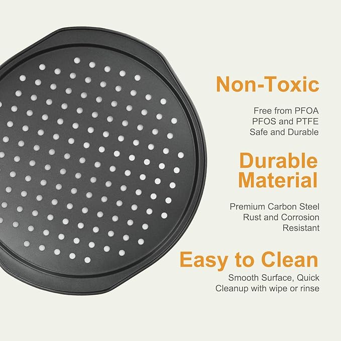 13 Inch Pizza Pan for Oven, 2 Pack Round Pizza Pan with Holes Non-sticking Carbon Steel Pizza Tray with Handles Pizza Baking Pan for Cooking and Grilling Oven Safe