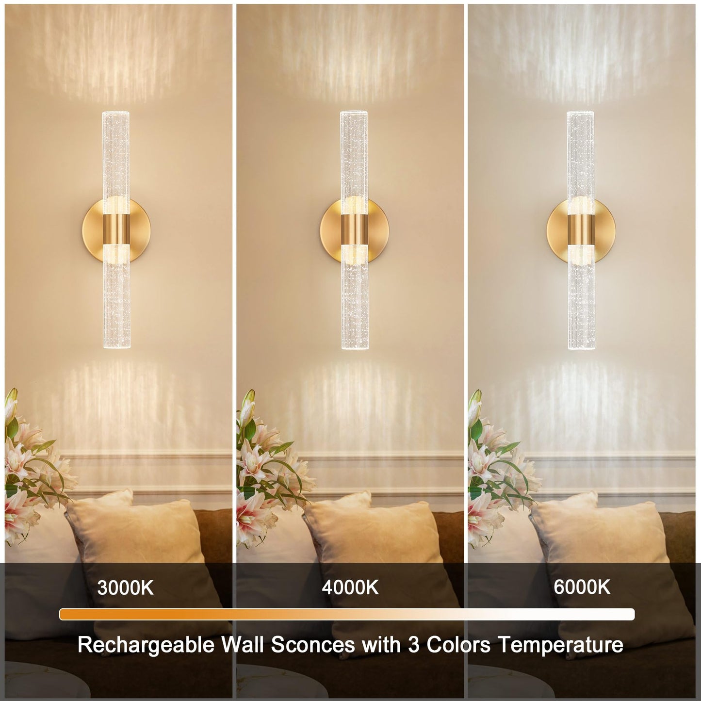 Gold Battery Operated Wall Sconce Set of 2, 3000-6000K LED Dimmable Wireless Sconces Wall Lighting with Remote, 15.7" Crystal Rechargeable Cordless Wall Lights for Bedroom, Living Room, Hallway