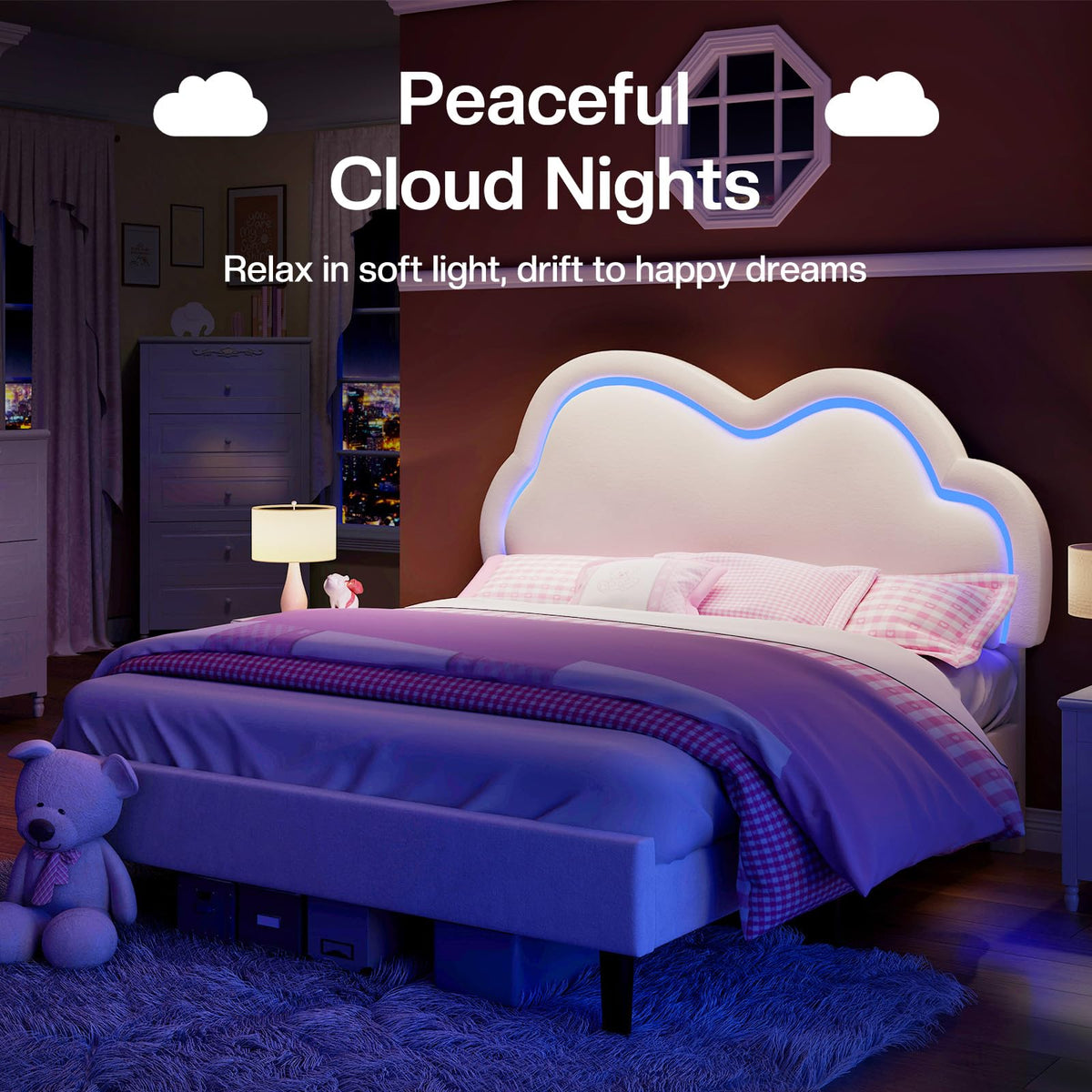 Jocisland Full Bed Frame for Girls with Adjustable Cloud Headboard, Velvet Upholstered & RGB Lights, 7.1" Underbed Storage, No Box Spring Needed, Cream
