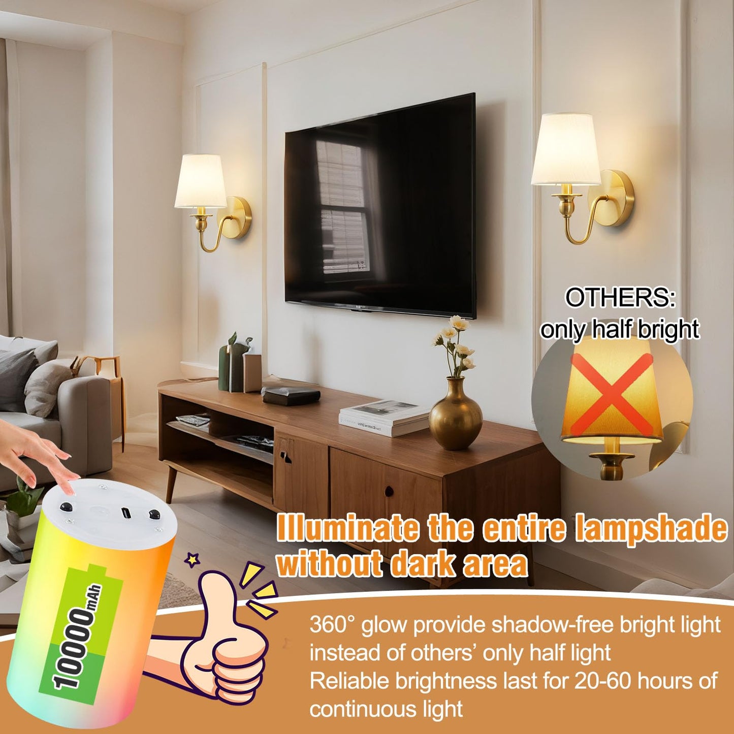 Battery Operated Wall Sconce Set of 2,Wireless Wall Sconces with 10000 mAh,RGB Rechargeable Sconces with Remote,Cordless Wall Lights for Bedroom,Living Room,Bathroom,Renter Friendly Home Decor (Gold)