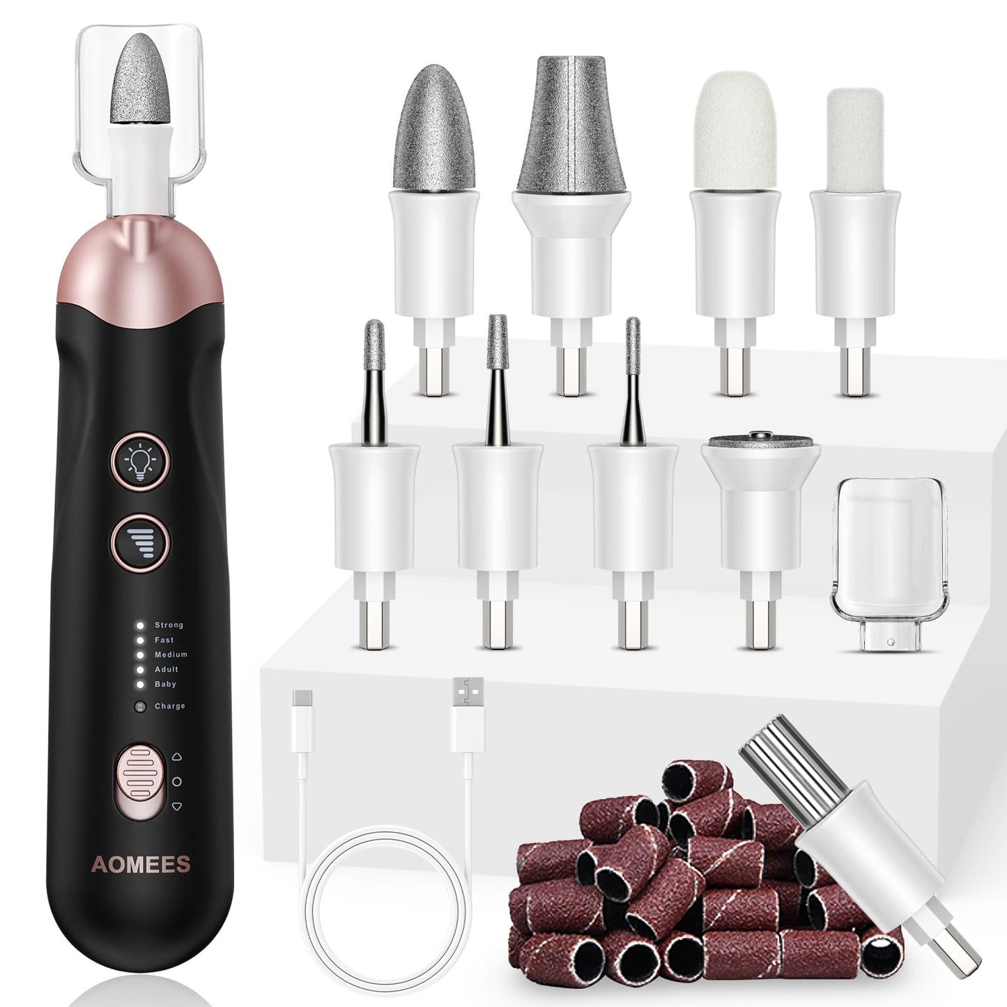 AOMEES Electric Nail File Kit, Rechargeable Professional Manicure Pedicure Kit, 5 Speeds Hand Foot Care Tool for Nail Grind Trim Polish - with 100Pcs Fine Grit Nail File Sanding Tape