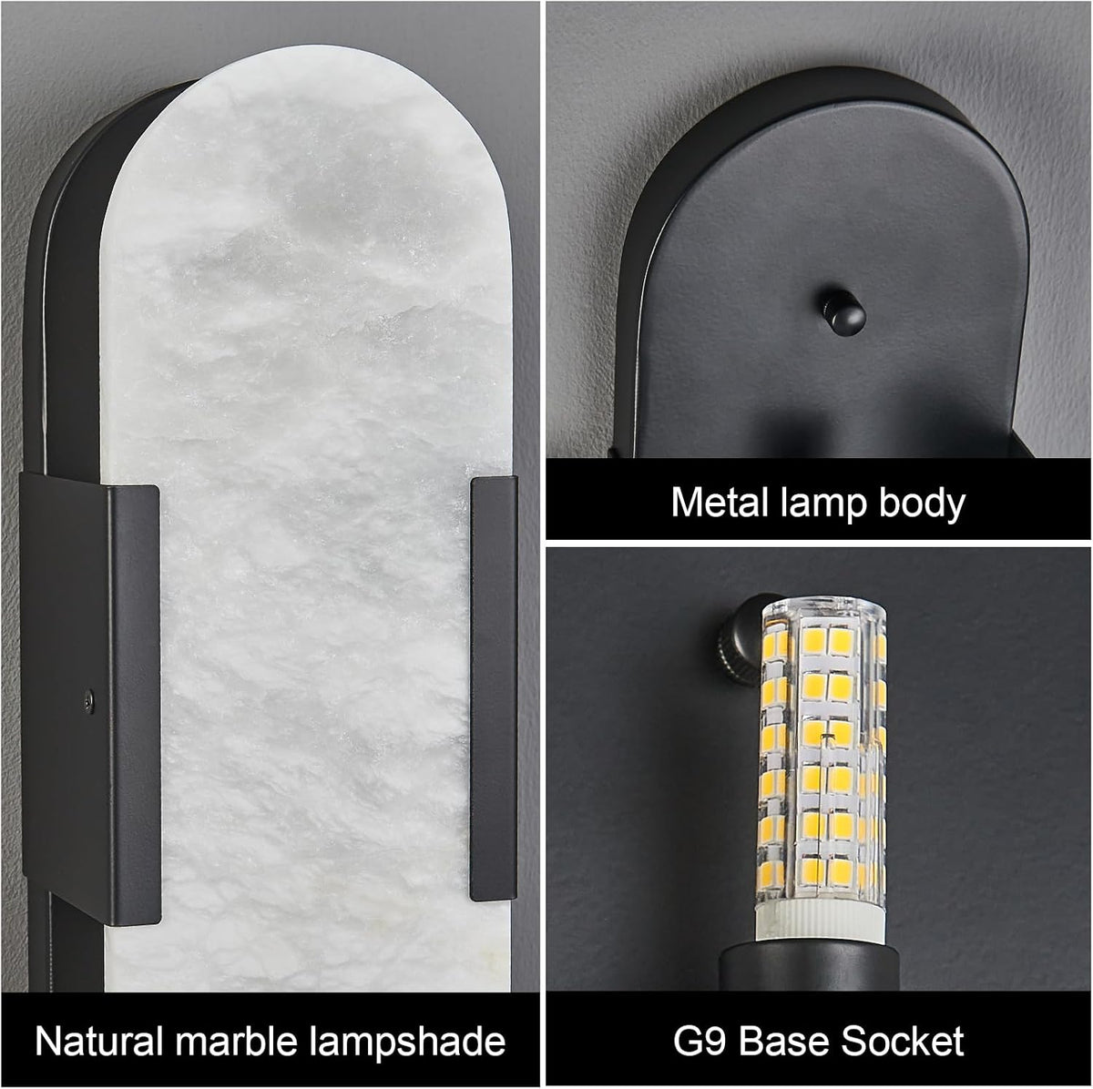 Natural Alabaster Wall Sconces Set of Two, Modern Marble Black Wall Sconce 14 inch Indoor Wall Lighting for Bedroom Bathroom Living Room Stairs