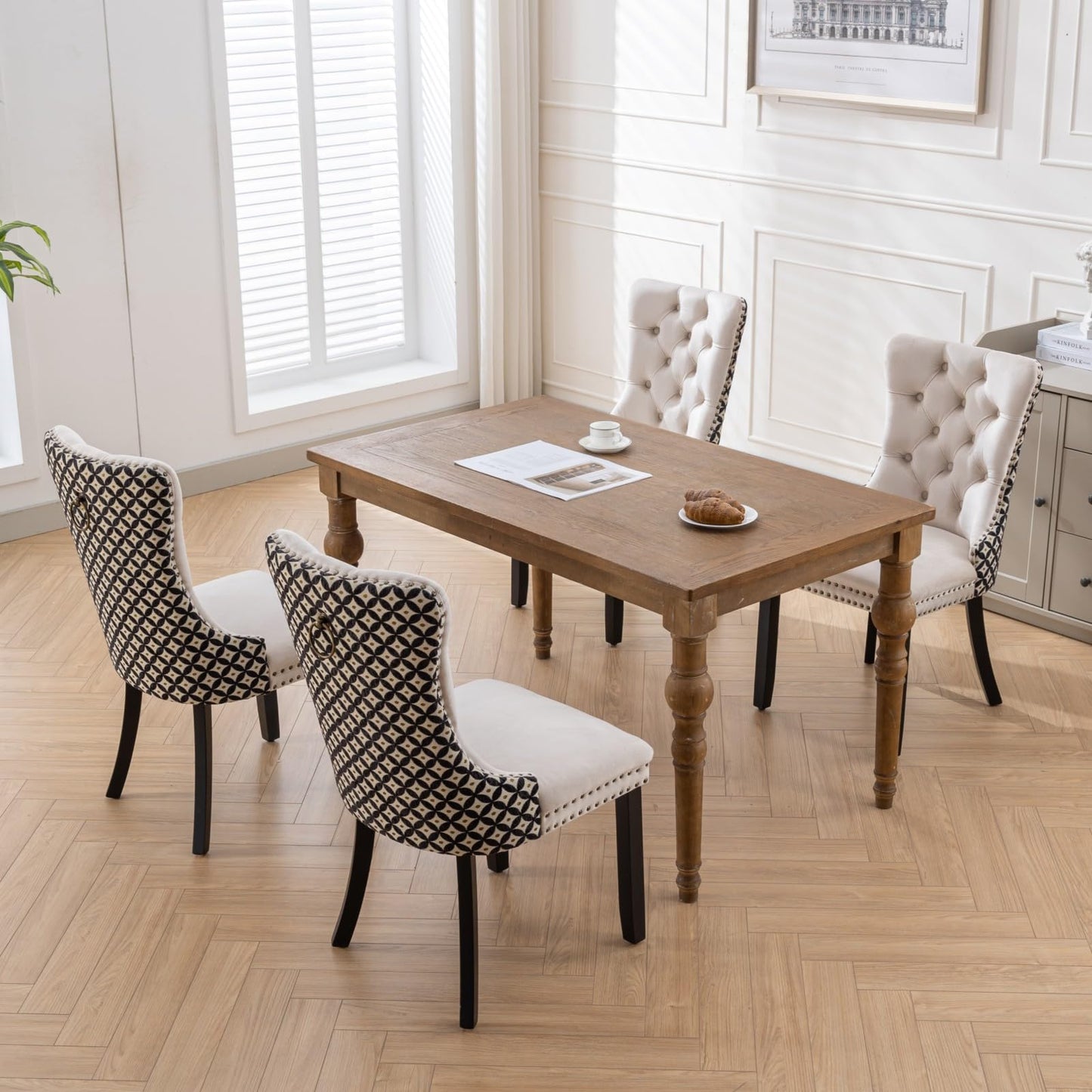LKTART Velvet Dining Chairs Set of 6, Tufted Dining Room Chair with Nailhead Ring Pull Trim, Upholstered Dining Chair with Solid Wood Legs for Kitchen Dining Room Beige and Patterned