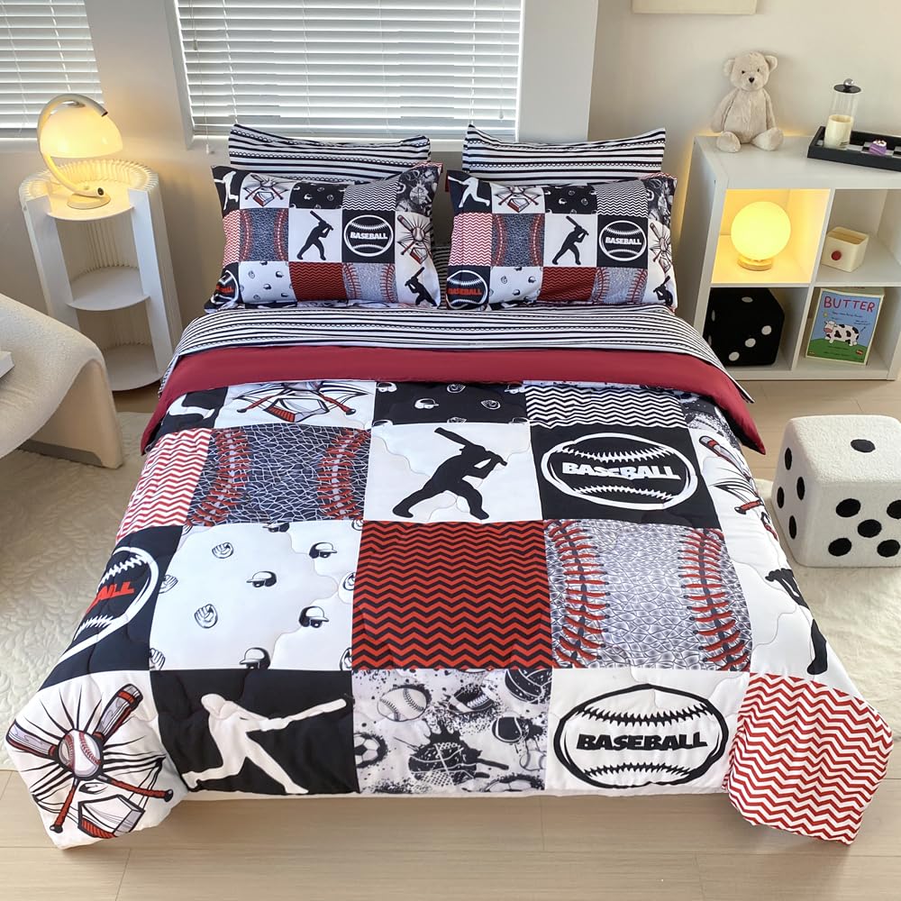Gusuhome 7 Piece Baseball Comforter Set Bed in A Bag Twin Size 3D Softball Sports Bedding Set for Boys Kids Microfiber Comforter All Season (1 Comforter, 1 Flat Sheet, 1 Fitted Sheet, 4 Pillowcase)