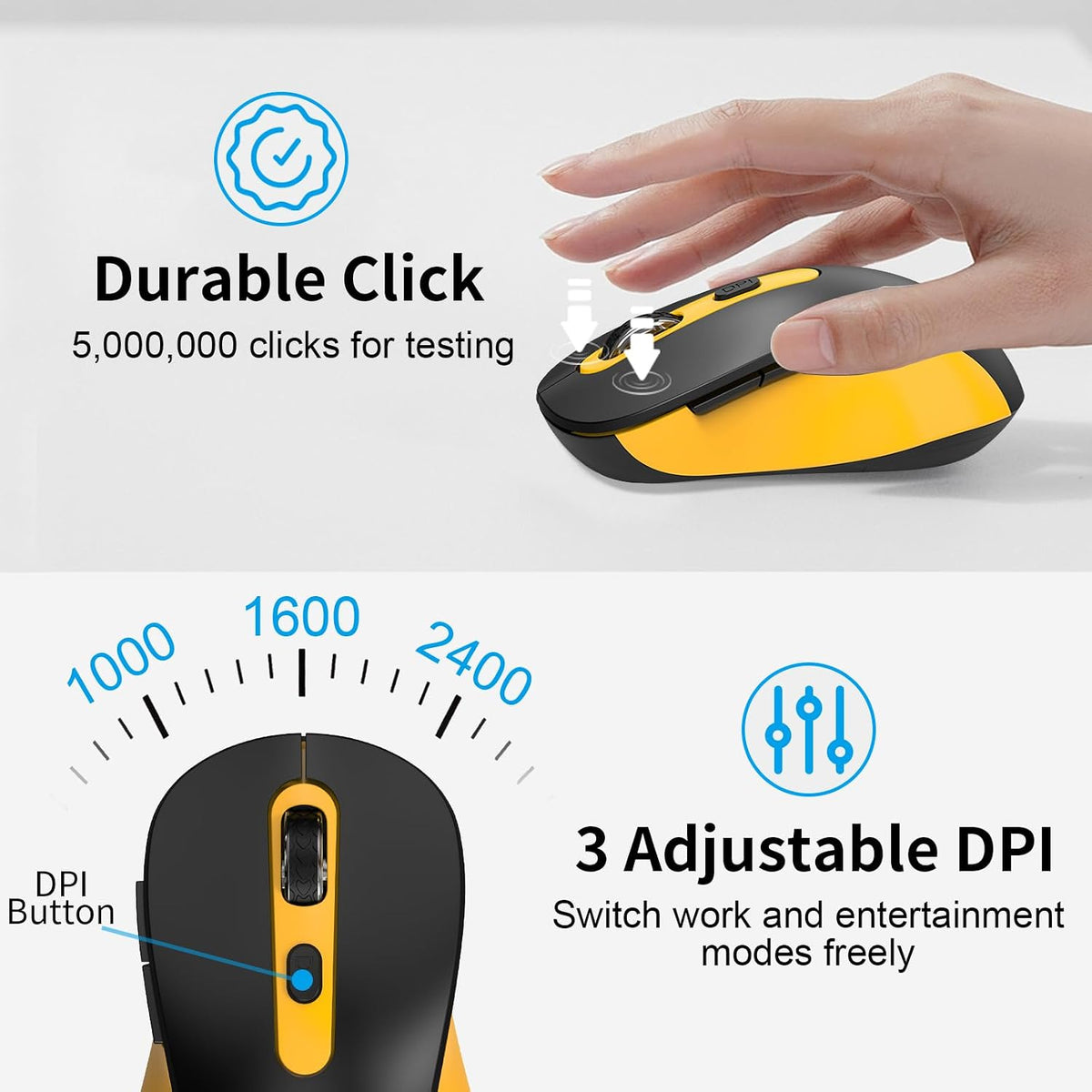 Wireless Mouse for Laptop, PC, Chromebook, Mac, MacBook, Silent Wireless Mouse with USB Nano Receiver, Side Button, 2400 DPI, Anti Slip Roller, 6 Button Ergonomics Cordless Computer Mice -Black Yellow