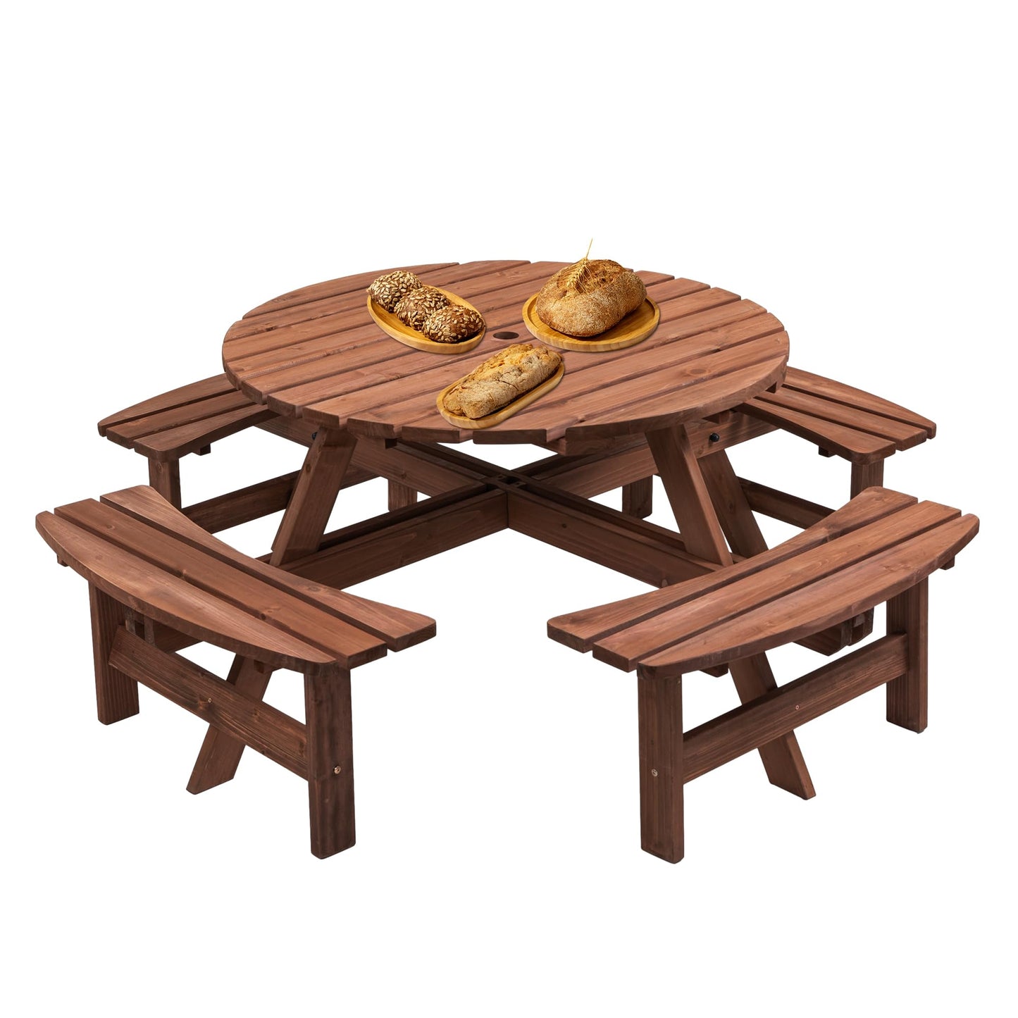 Becivy 8 Person Wooden Picnic Table Sets Outdoor Camping Dining Table with Seat Garden DIY w/ 4 Built-in Benches 2220lb Capacity - Brown