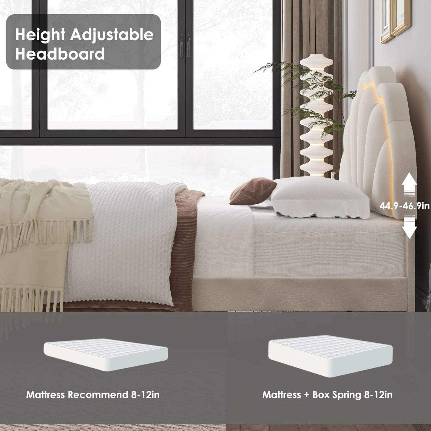 HIFIT Full Upholstered Smart LED Bed Frame with Adjustable Chic Petal Headboard, Princess Full Size Platform Bed Frames for Kids/Girls, Wooden Slats Support, No Box Spring Needed, Easy Assembly, Beige