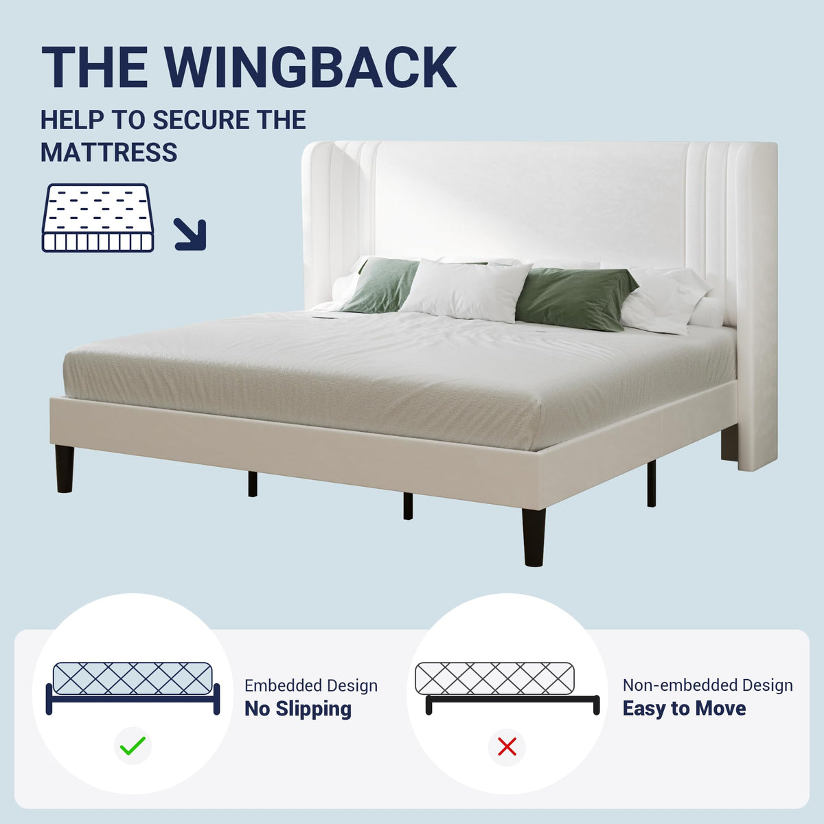 Allewie King Size Velvet Platform Bed Frame with Vertical Tufted Wingback Headboard, Easy Assembly, Under Bed Storage, No Box Spring Required, Modern Style, White