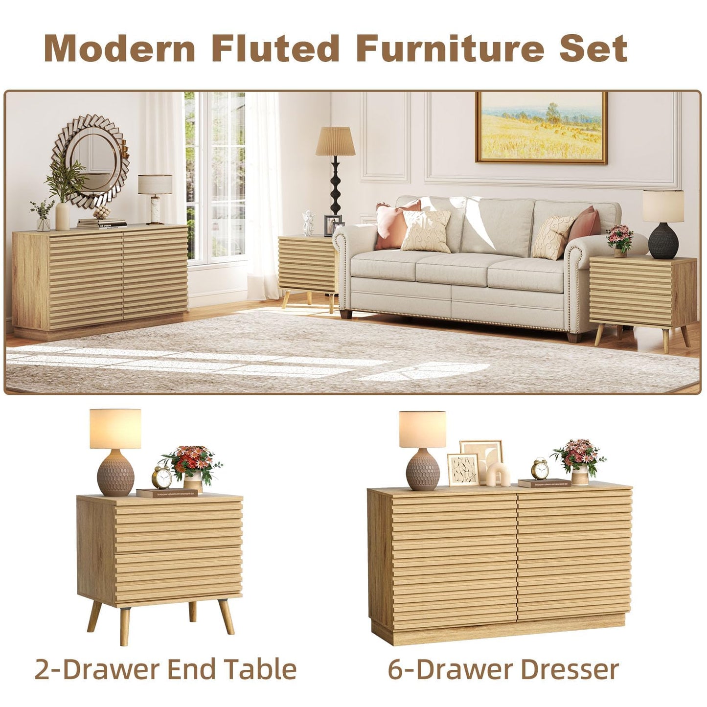 BREEZEHEAT Fluted Dresser for Bedroom–6 Drawer Wide Chest of Drawers, Modern Wood Farmhouse Dresser TV Stand, Closet Storage Cabinet for Living Room, Hallway, Natural Oak Finish, 47” Wide