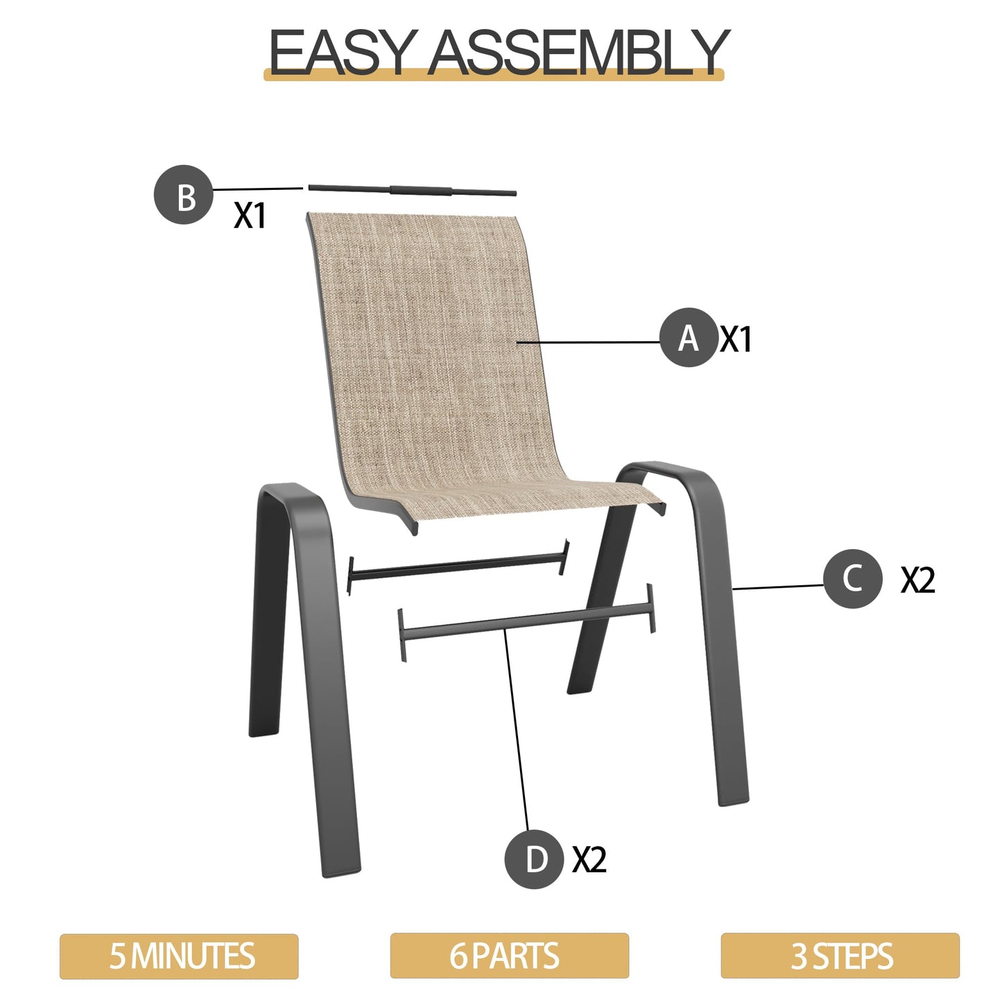 Patio Dining Chairs Set of 4 Outdoor Stackable Dining Chairs for All Weather 330lbs Capacity Heavy Duty Textilene Fabric Rustproof Metal Frame Patio Furniture for Backyard Garden Poolside (Brown)