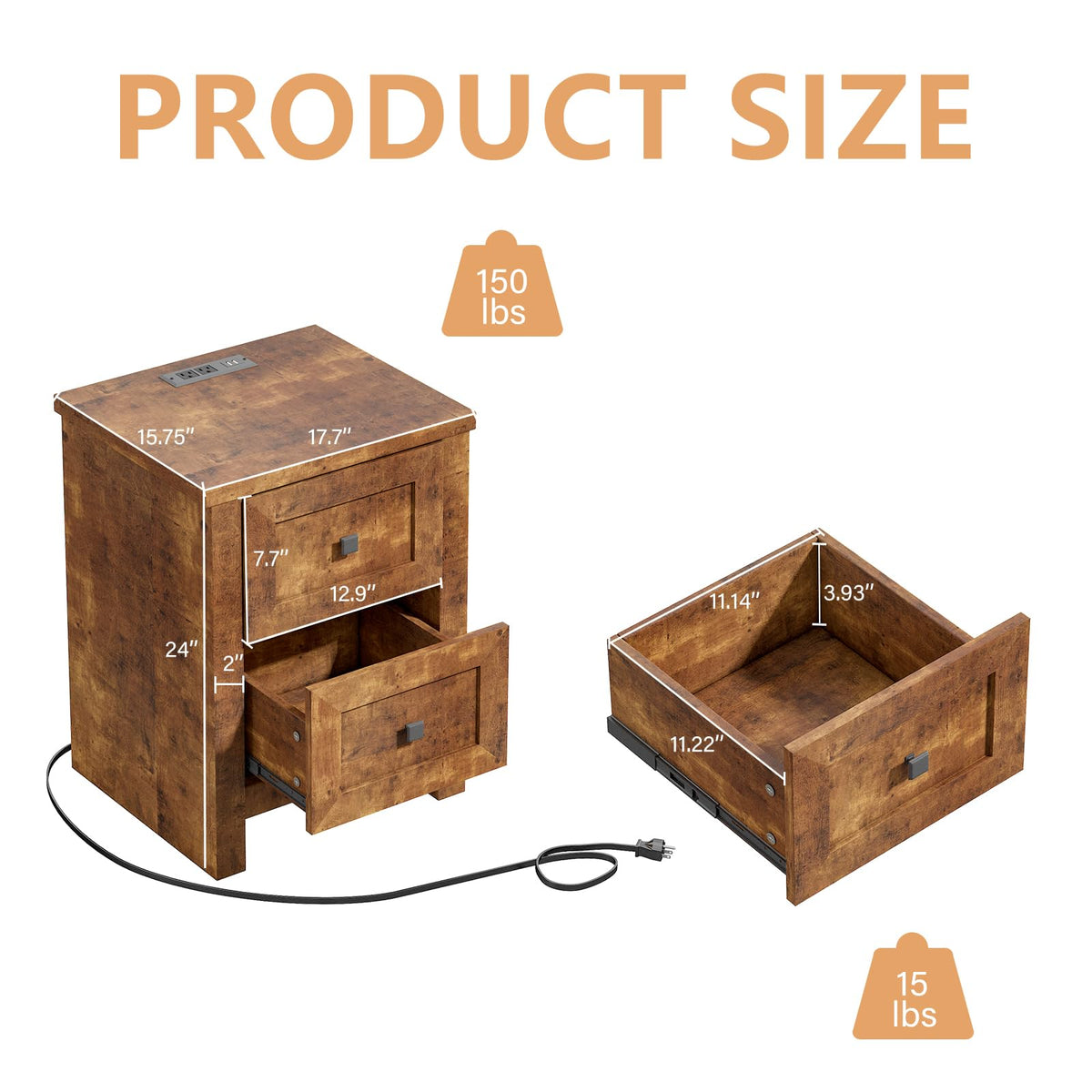 LUXOAK 3 Pieces Bedroom Sets, Includes King Size Lift Up Storage Platform Bed Frame, 2 Drawers Farmhouse Nightstand Set of 2 with Charging Station, No Box Spring Needed, Rustic Brown