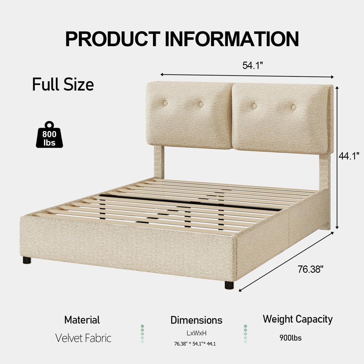 Full Size Bed Frame, Boucle Upholstered Platform Bed Frame with Soft Headboard, Sofa-Style Cushions, Wooden Slats Support, Low Profile Bed Frame, No Box Spring Needed, Easy Assembly, Cream