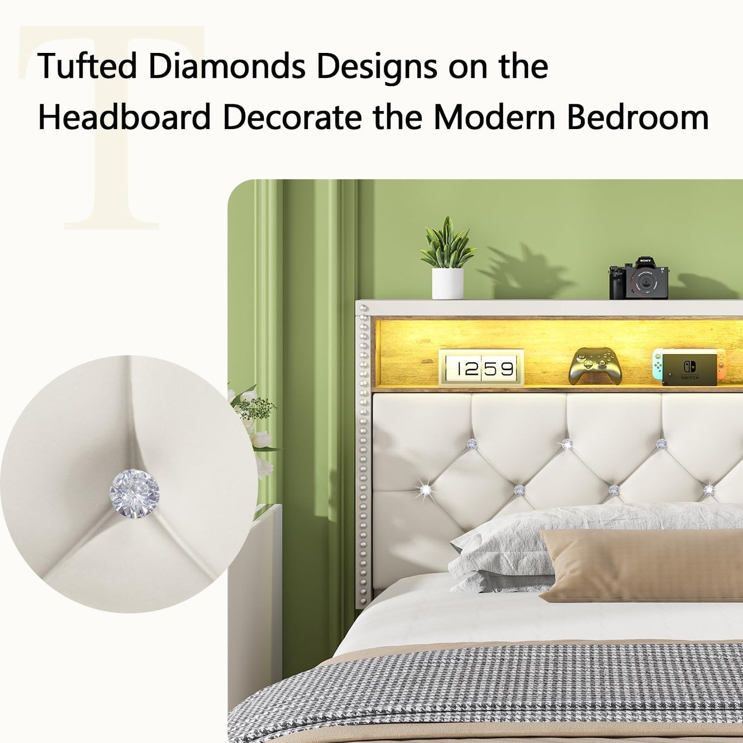 Full Size Bed Frame with LED Lights, Velvet Upholstered Platform Bed with Storage Headboard and Charging Station, Full Bed Frame with Diamond Design, Wood Slats Support, No Box Spring Needed, Beige