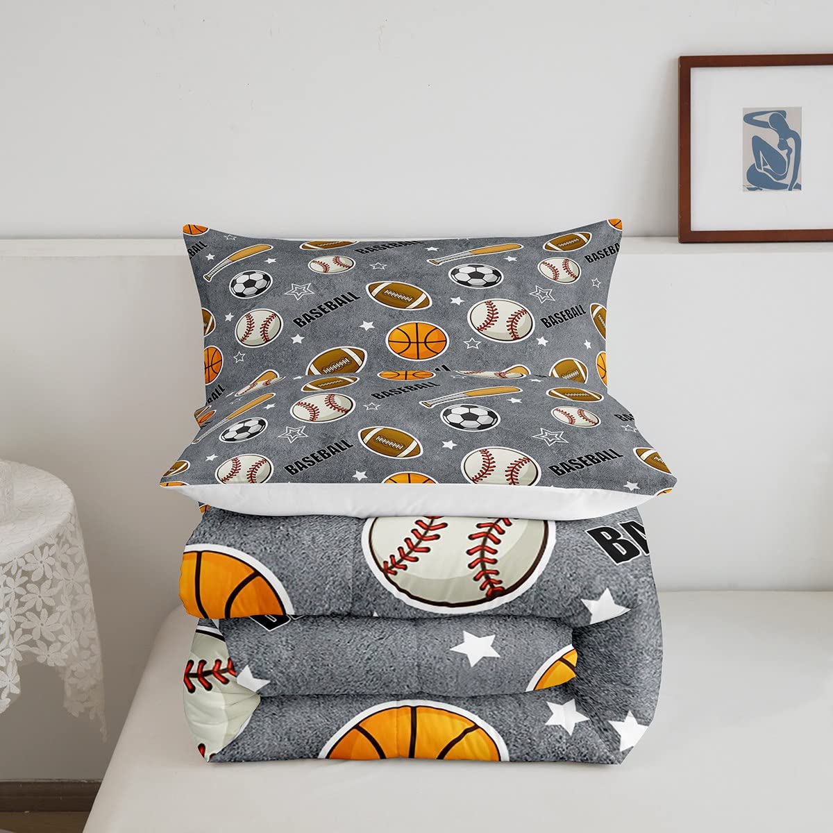 Boys Ball Sports Themed Bedding Set Twin Size Baseball Bat Soccer and American Football Comforter Set 2pcs Kids Teens Cartoon Grey Quilted Duvet Ball Sports Games Bedspread Modern Bedroom Decor