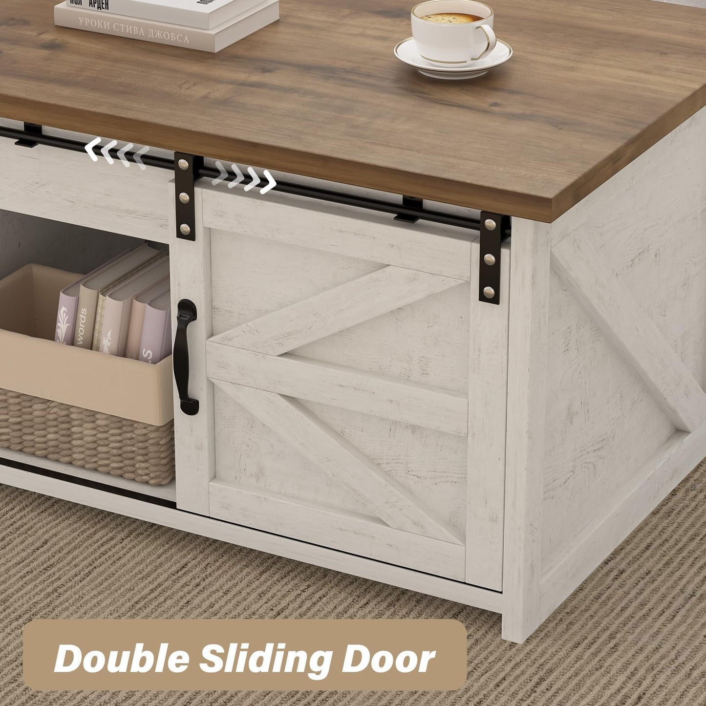 REVOMINCA Farmhouse Coffee Table Lift Top with Storage, 48 Inch White Coffee Table with Sliding Barn Doors, White Center Table with Large Hidden Storage Compartment for Living Room