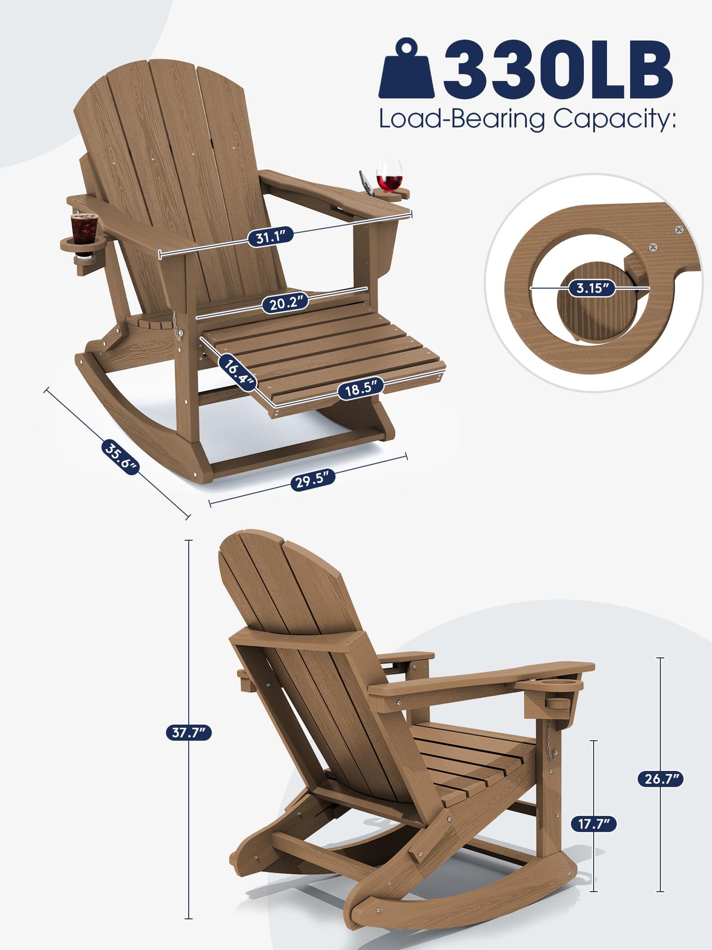 KINGYES Adirondack Rocking Chair Set of 2 with Retractable Ottoman and Cup Holders, HDPE Adirondack Rocker Patio Rocking Chair for Porch, Patio, Balcony, Brown