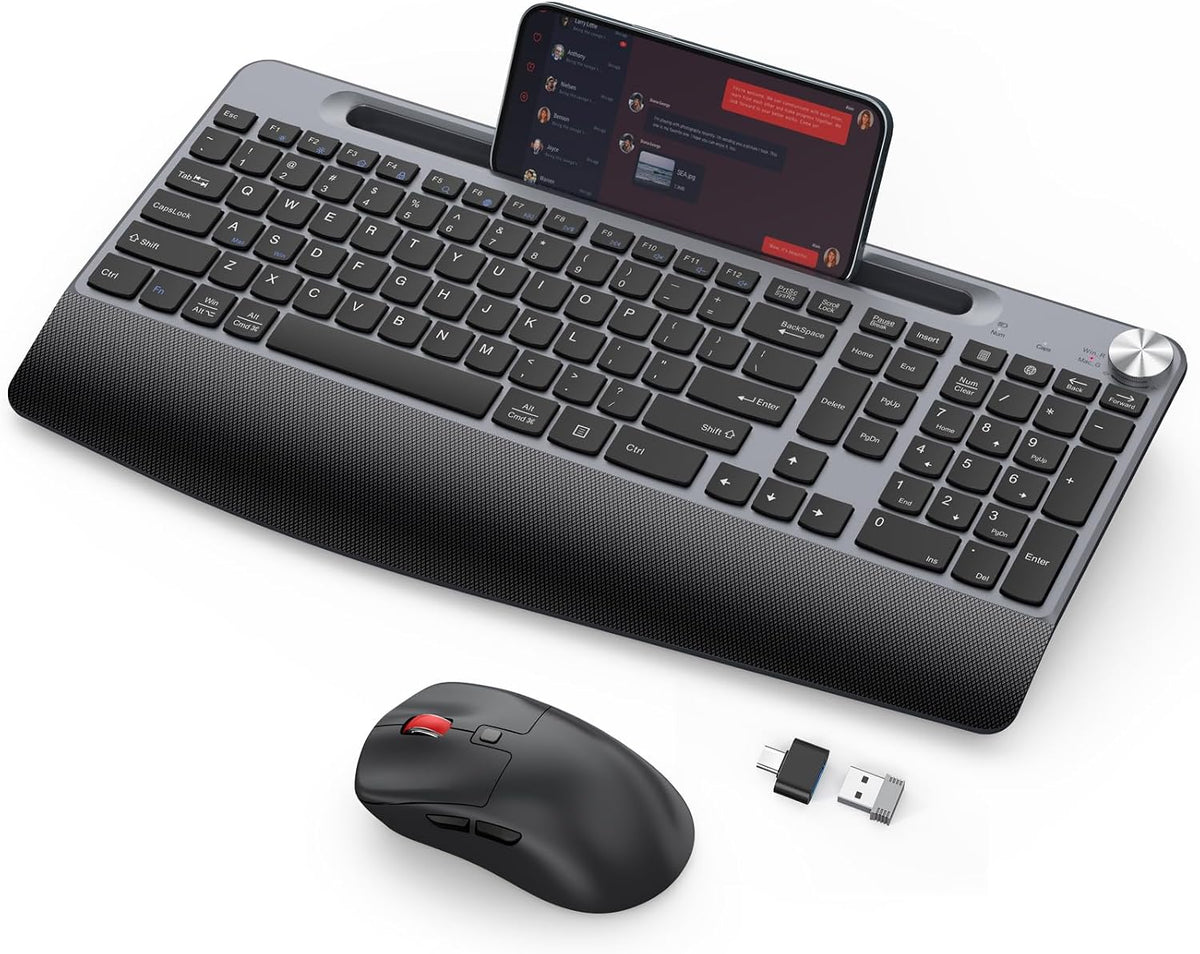 GAMCATZ Ergonomic Wireless Keyboard and Mouse with Wrist Rest，Phone Holder - 2.4GHz Full-Sized Low-Profile Quiet Wireless Mouse and Keyboard Combo for Computer, Laptop, PC, Mac-Black