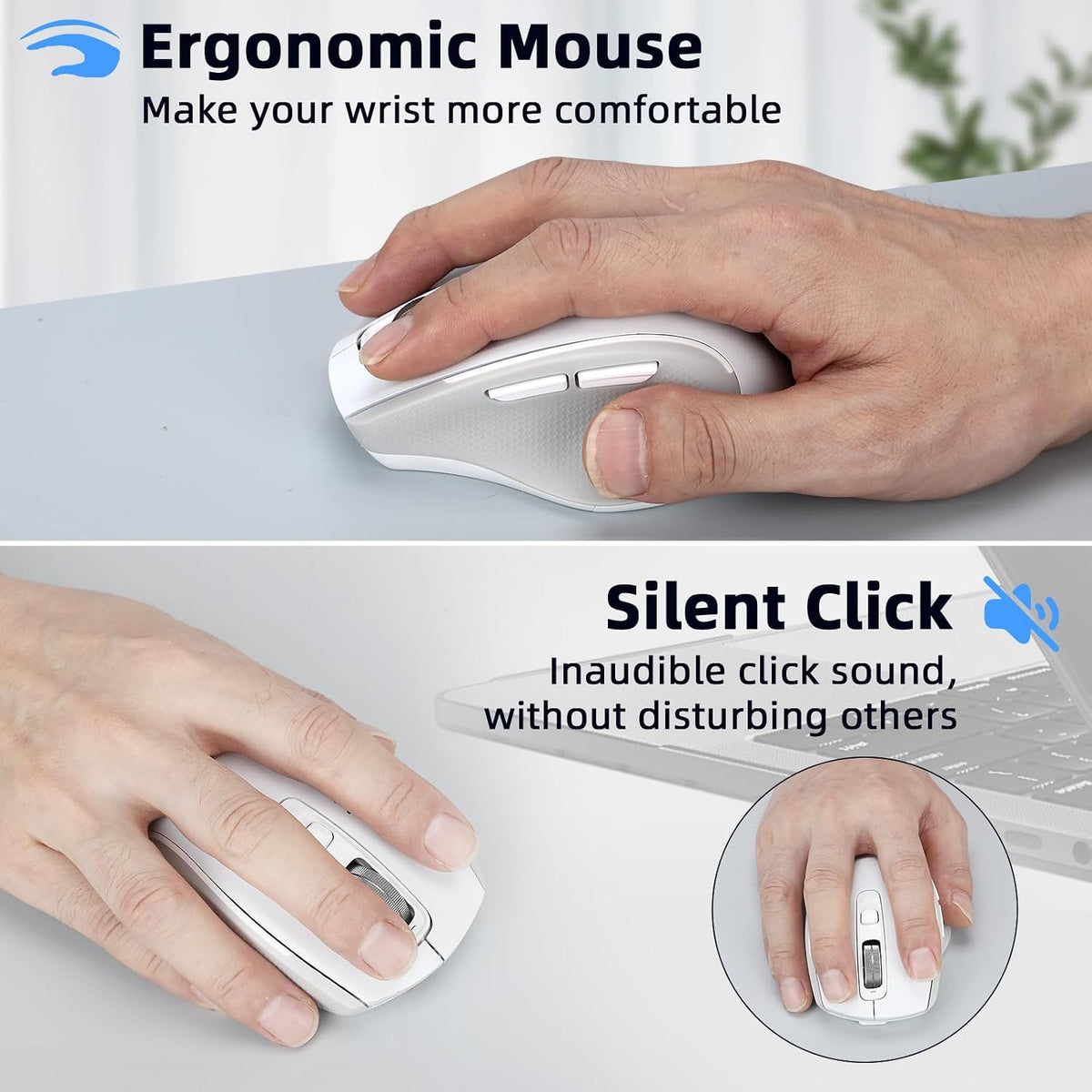 Wireless Bluetooth Mouse with USB-A, USB-C Receiver, Rechargeable, 3-Device, Full-Size, Silent Click, Ergonomic Mice for MacBook/Laptop/Computer/Tablet/PC/iPad (White)