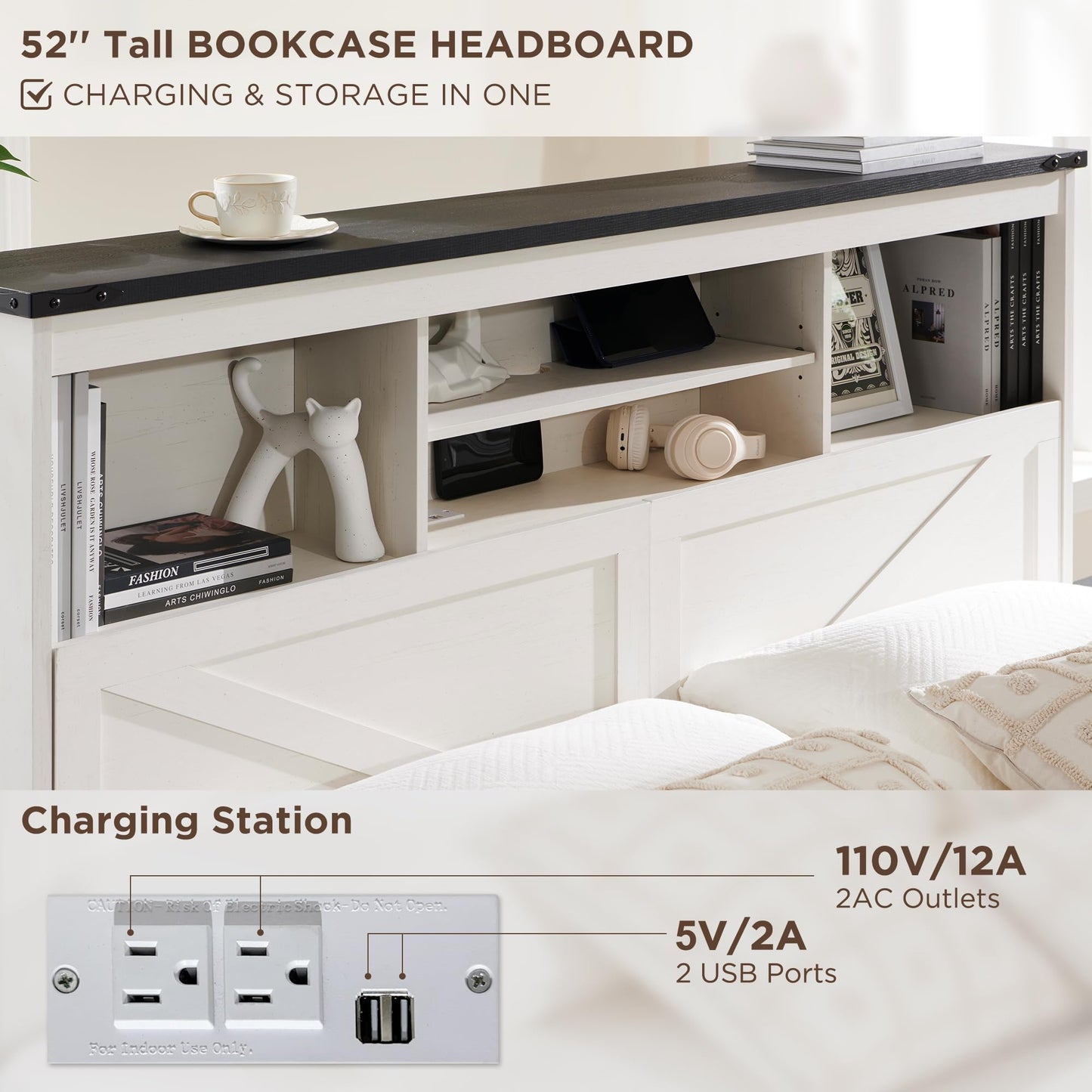 ACCOHOHO Queen Bed Frame Farmhouse with 52" Storage Bookcase Headboard, 4 Drawers Wooden Bed Frame, LED Light, Charging Station - White