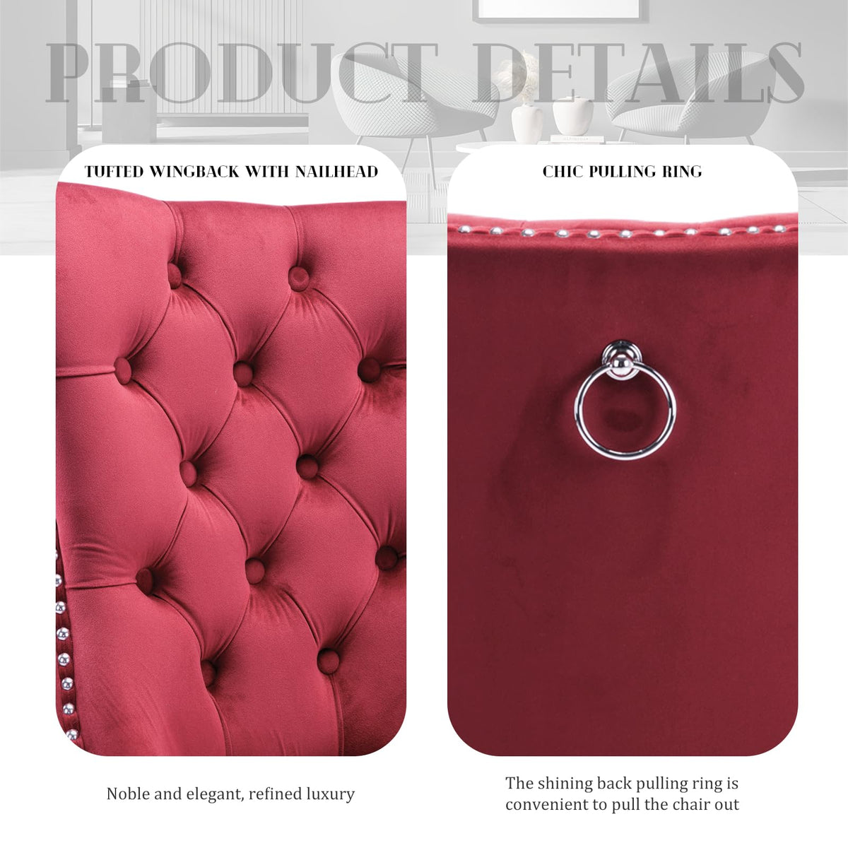 SoarFlash Velvet Dining Chair Set of 4, Upholstered Tufted Dining Room Chair with Nailhead Trim and Solid Wood Leg for Kitchen (Wine Red)
