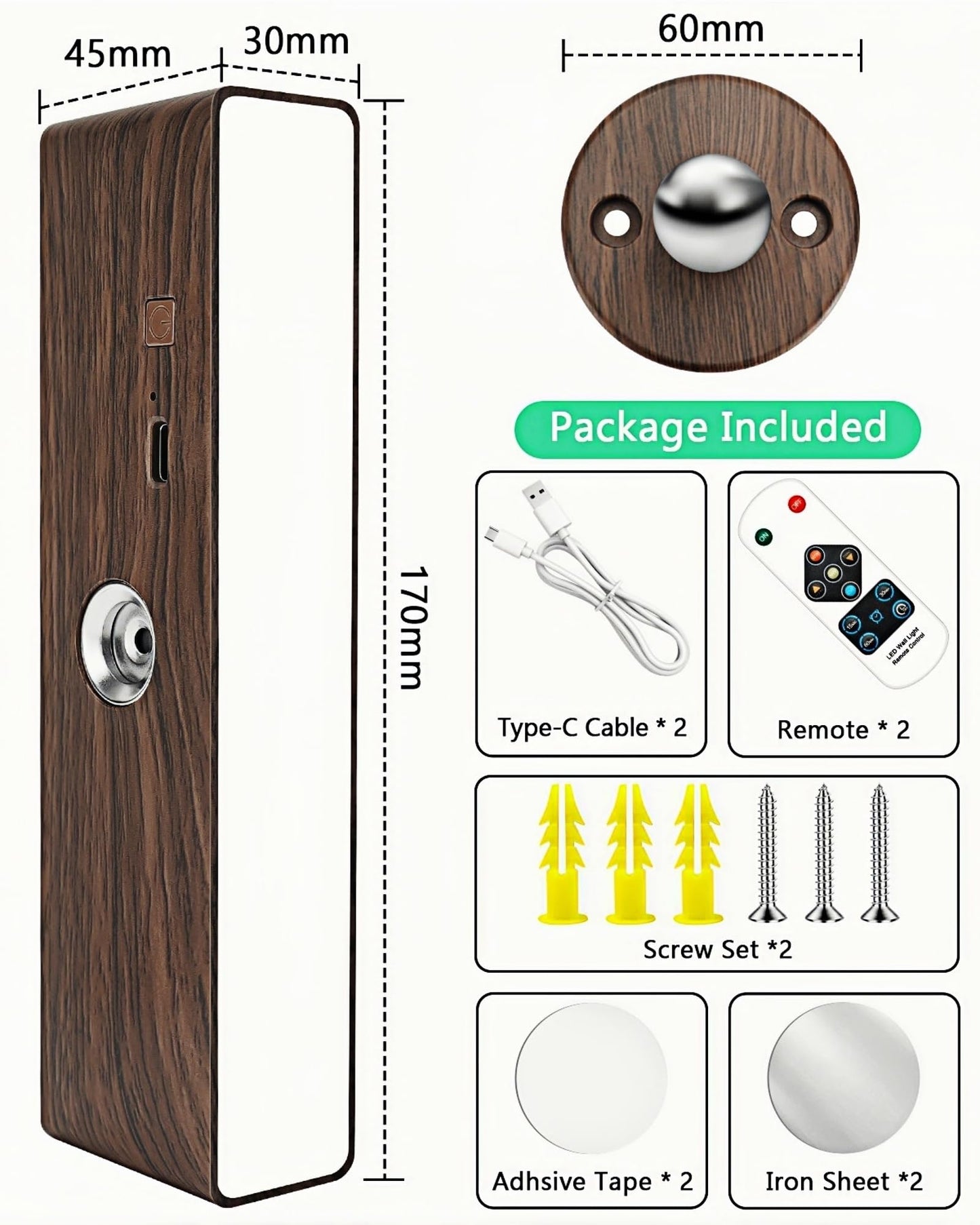 Battery Operated Wall Sconces Set of 2: Wireless Rechargeable Wall Light with Remote&Button, 360° Rotate Magnetic Scone Lighting LED Wall Mount Sconce Lamp for Bedroom Bedside Reading, Wood
